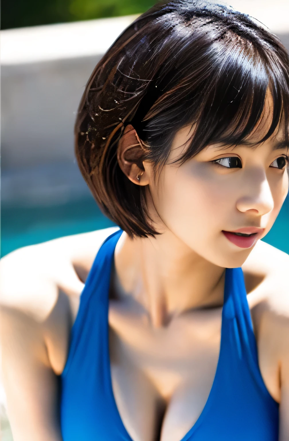 river、swimsuit、table top, highest quality, shape, Super detailed, finely, High resolution, 8k wallpaper, Beautiful woman at 30 years old,sexy,Japanese、short cut hair