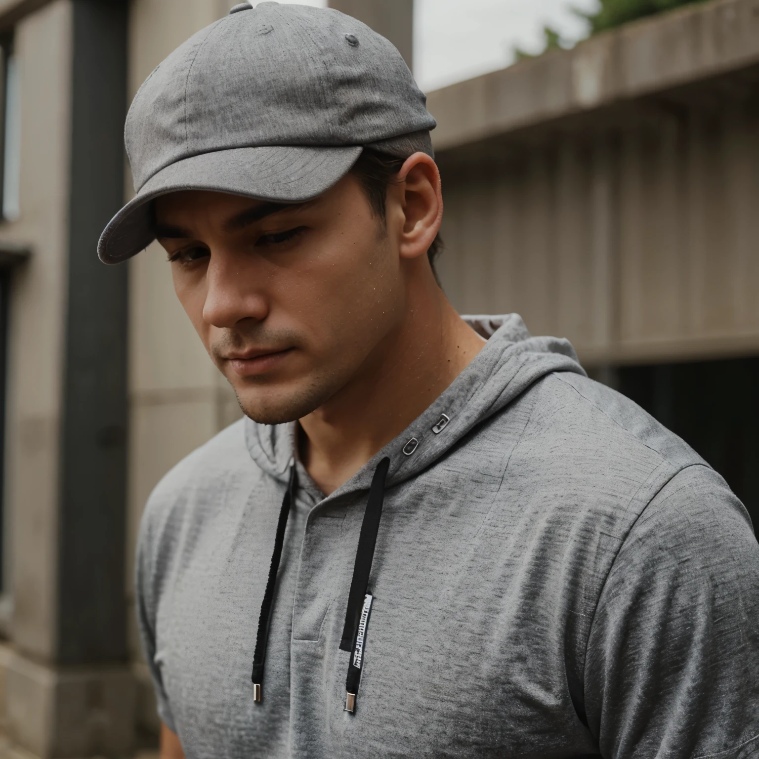 Imagine a man wearing backwards grey cap. BACKWARDS CAP