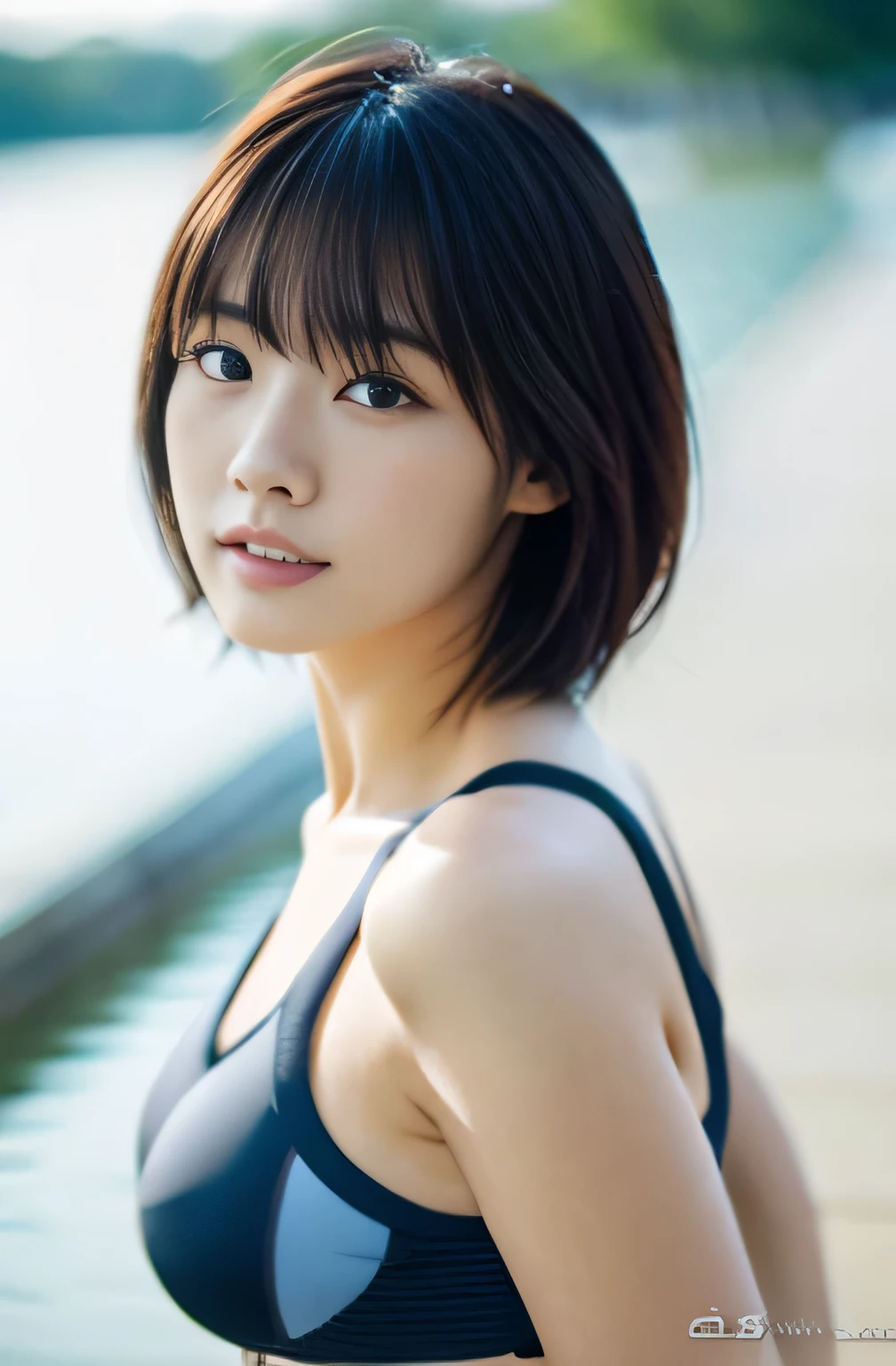river、swimsuit、table top, highest quality, shape, Super detailed, finely, High resolution, 8k wallpaper, Beautiful woman at 30 years old,sexy,Japanese、short cut hair