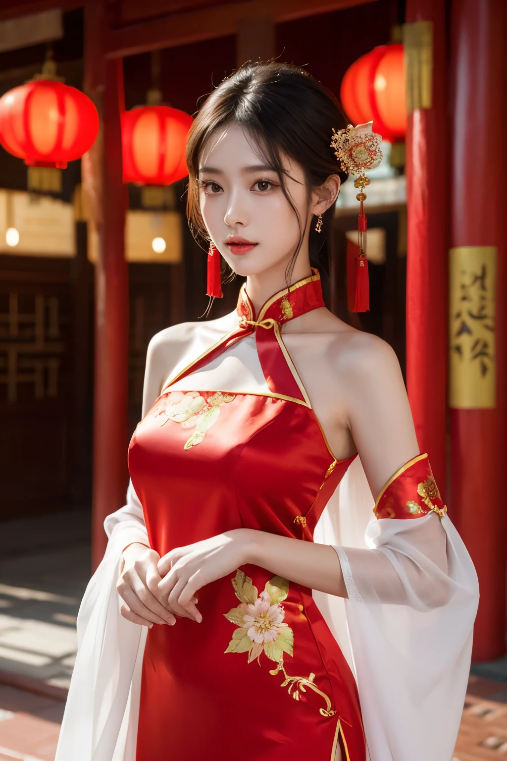Chinese identity: beautiful figure, tall and elegant, Best Quality A masterpiece,Extremely natural light, Shiny skin,Fine skin, beautiful chinese girl, Wear a red cheongsam with open shoulders and sleeves decorated with chiffon. The background is the Chinese New Year festival.