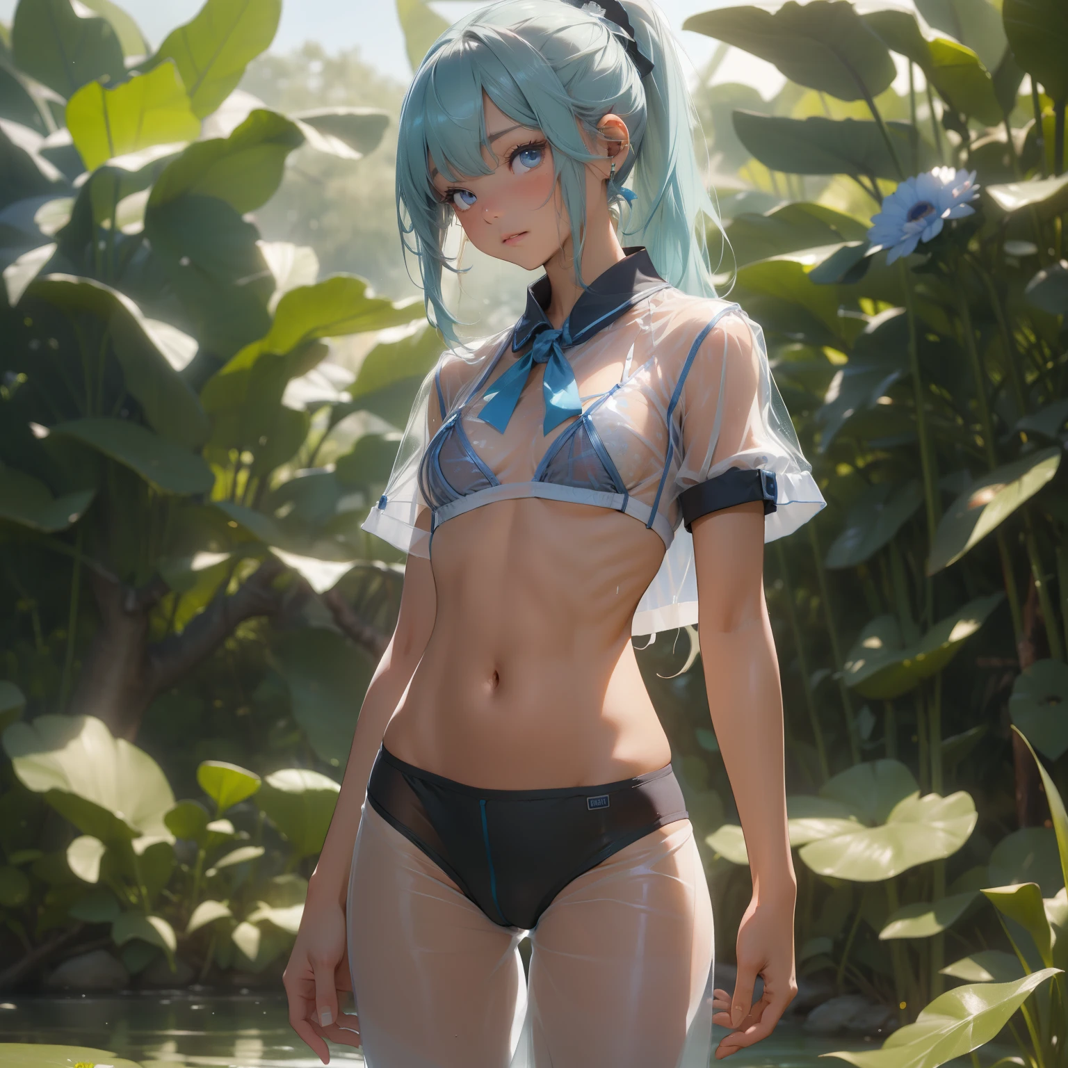 (quality)), ((masterpiece)), Recommended results、Puffy nipples、(see through:1.5)、straighten your back、abdominal muscles、huge bust、angle to floor:1.2、low camera angle、Hair loss on crotch,Hatsune Miku,Cornflower art, fantastic, (masterpiece, top quality, perfect anatomy, pretty face, actual, super detailed, 1 girl, 18 ears old age, alone, depth of field, Canon 24mm lens, f1.4, Lovely_girl, sailor_ collar, clear facial features, short sleeves, small breasts, fit, Height 170, barefoot, double ponytail, Bangs, sculptural pose, outdoor, jungle, blurred background, (Shang Baomu: 1.1576)) Clear liquid drips from the crotch, The front of the shirt is exposed, Breasts are visible, Plaid bra, light blue striped bread,