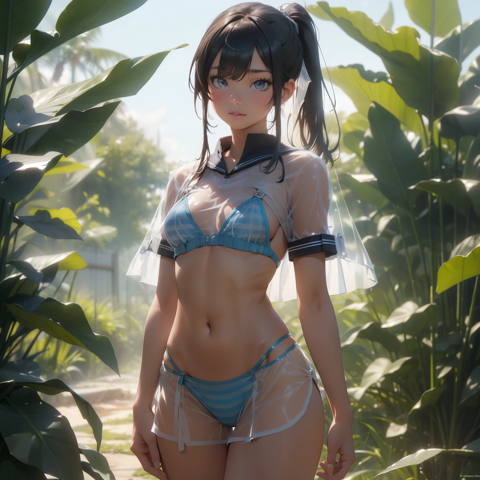 (quality)), ((masterpiece)), Recommended results、Puffy nipples、(see through:1.5)、straighten your back、abdominal muscles、huge bust、angle to floor:1.2、low camera angle、Hair loss on crotch,Hatsune Miku,Cornflower art, fantastic, (masterpiece, top quality, perfect anatomy, pretty face, actual, super detailed, 1 girl, alone, depth of field, Canon 24mm lens, f1.4, Lovely_girl, sailor_ collar, clear facial features, short sleeves, big breasts, fit, barefoot, double ponytail, Bangs, sculptural pose, outdoor, jungle, blurred background, (Shang Baomu: 1.1576)) Clear liquid drips from the crotch, The front of the shirt is exposed, Breasts are visible, Plaid bra, light blue striped bread,