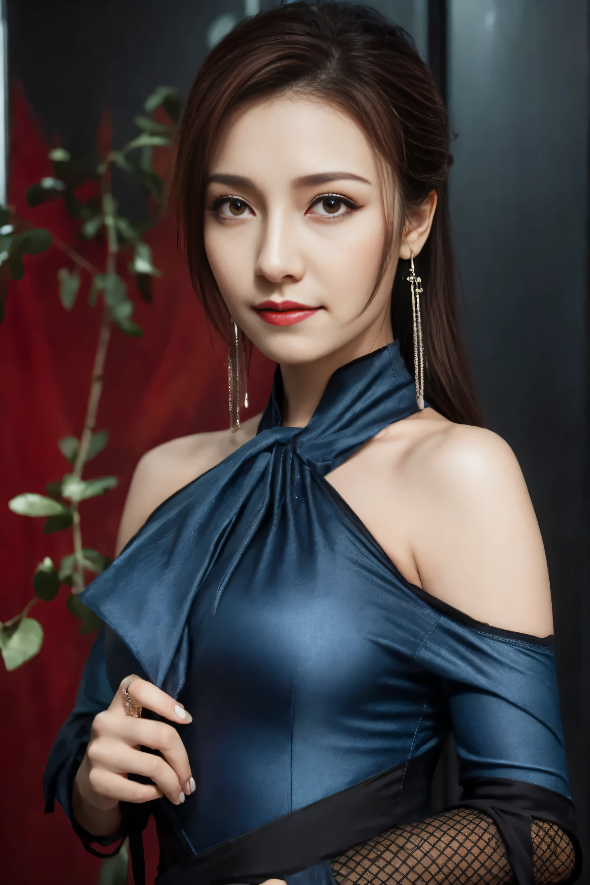 A stunning 22-year-old woman, a photorealistic masterpiece in UHD 16K resolution, perched elegantly on a high bar stool in the vibrant yet dimly lit ambiance of a bustling nightclub. Her skin glows with a natural, light pale complexion, highlighted by the soft, golden daytime lighting that seems to wrap around her, a nod to the classic Fujicolor aesthetic. Her eyes are the undeniable centerpiece, a set of clear, sharp, and perfectly round brown orbs with finely detailed pupils that seem to hold secrets of the universe within them. The absurd quality of their perfection is matched only by the meticulously applied pink makeup that graces her youthful, cute face, enhancing the sharpness of her features. The intricate curls of her slicked-to-the-side dark hair cascade down her neck, a testament to the ultra-detailed texture and realism achieved. She is dressed in a classic yet sexily modern golden cheongsam that hugs her body, showcasing every curve with the precision of tailored fitted clothing. The cheongsam boasts detailed blue decorations that dance in the soft light, adding an alluring charm to the ensemble. Her lips, full and inviting, are the epitome of detailed beauty, painted with a shade that complements her vibrant look. The scene is captured in a dynamic pose, with the camera angle focusing sharply on her from the chest to the knees, leaving the rest of her long legs and the club's energetic environment to the imagination. Despite the darkened setting, there are no shadows or blurs to obscure the superb quality of her image, making every inch of her a celebration of photorealistic artistry. This fashion supermodel's presence is enigmatic, a beacon of beauty in the pulsing heart of the nightlife, captured in a moment that is both timeless and utterly absurd in its meticulous execution.
