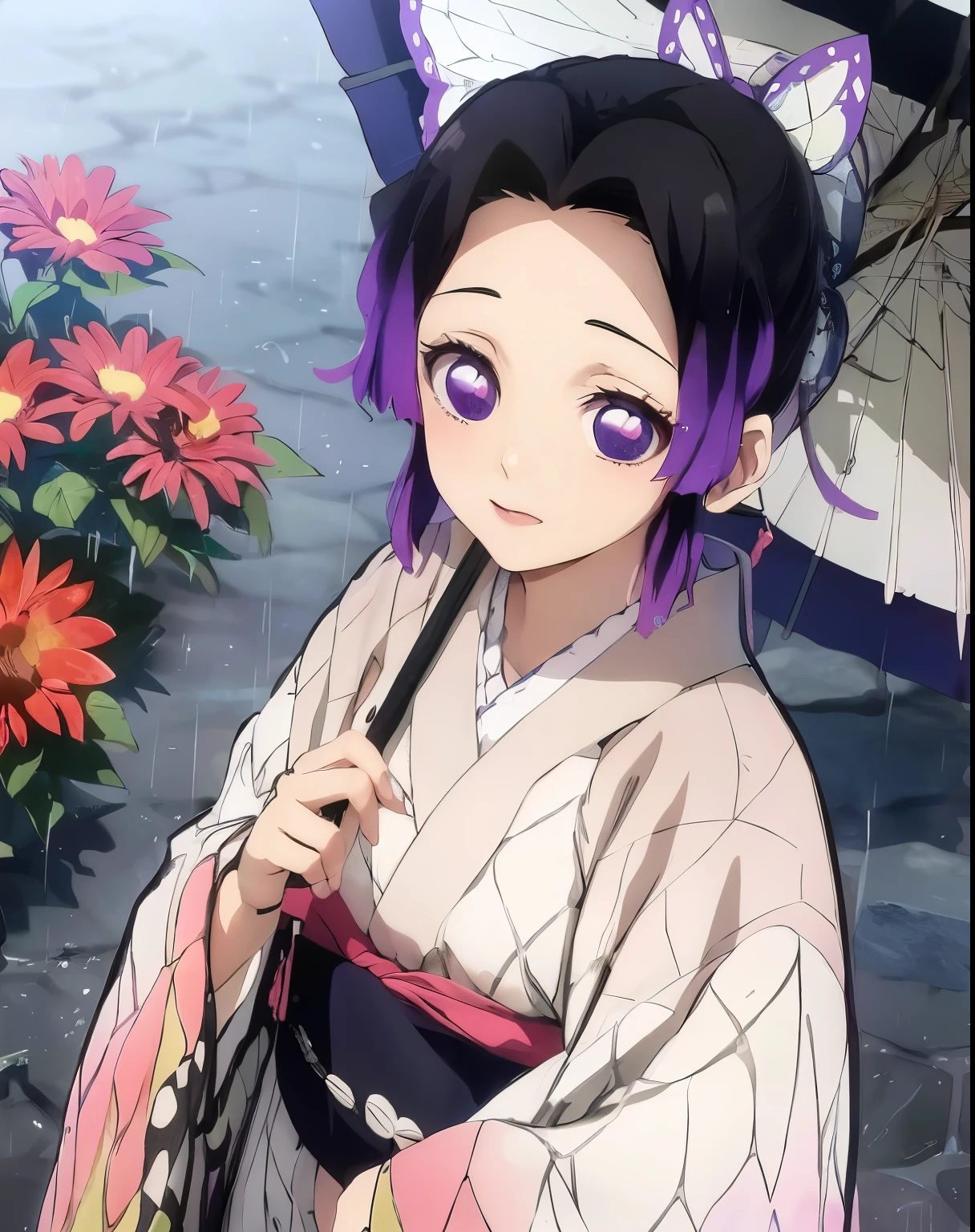  anime na roupa do quimono segurando o guarda-chuva na chuva, Kimetsu no yaiba, Demon Slayer rui fanart, visual anime de uma  bonito, anime moe artstyle, Hanayamata, estilo de arte demon slayer, em um quimono, em estilo anime, em quimono, inspirado em Nishikawa Sukenobu, visual anime de uma jovem mulher, melhor qualidade, 8k