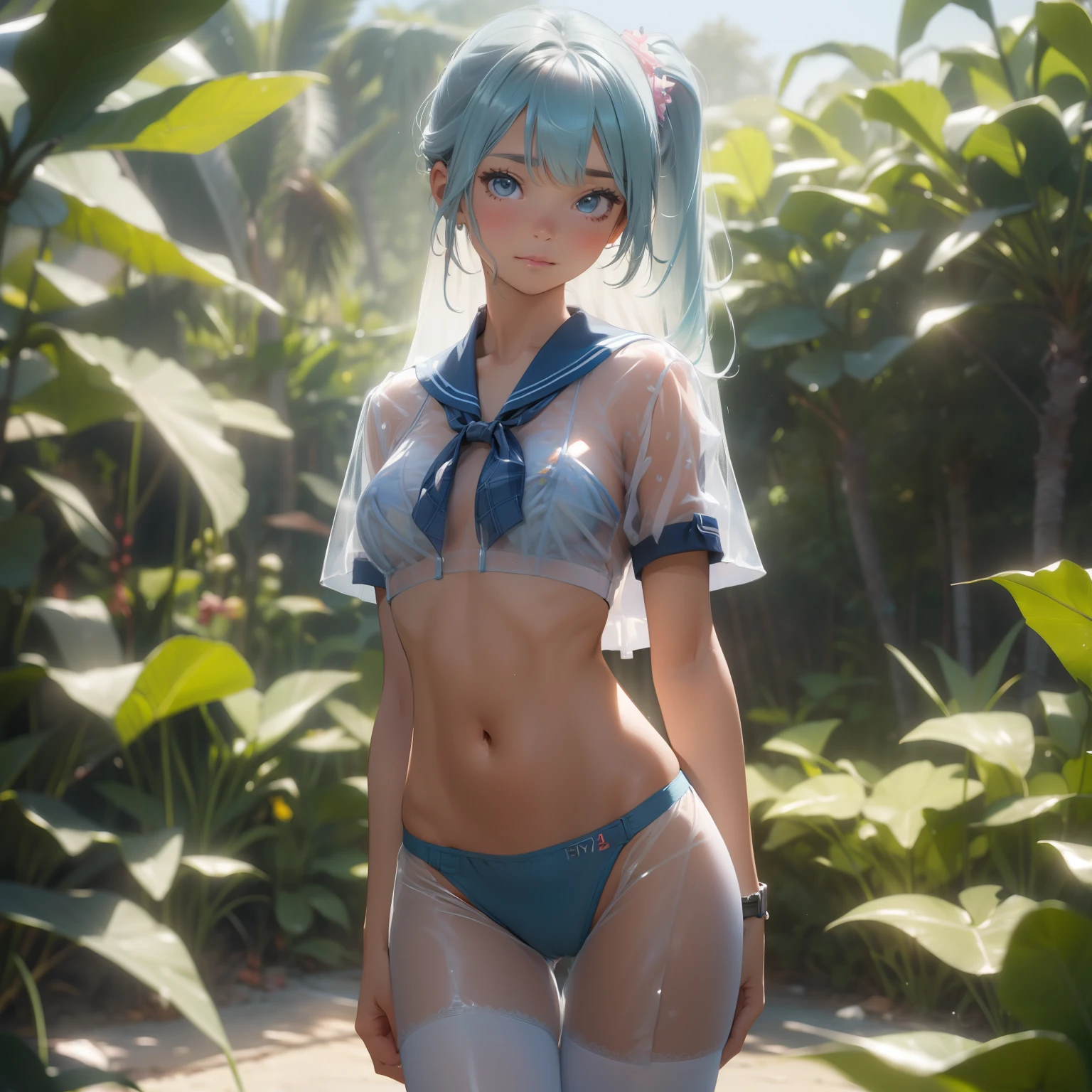 (quality)), ((masterpiece)), Recommended results、Puffy nipples、(see through:1.5)、straighten your back、abdominal muscles、huge bust、angle to floor:1.2、low camera angle、Hair loss on crotch，Hatsune Miku，Cornflower art, fantastic, (masterpiece, top quality, perfect anatomy, pretty face, actual, super detailed, 1 girl,  alone, depth of field, Canon 24mm lens, f1.4, Lovely_girl, sailor_ collar, clear facial features, short sleeves, big breasts, fit, barefoot, double ponytail, Bangs, sculptural pose, outdoor, jungle, blurred background, (Shang Baomu: 1.1576)) Clear liquid drips from the crotch, The front of the shirt is exposed, Breasts are visible, Plaid bra, light blue striped bread,