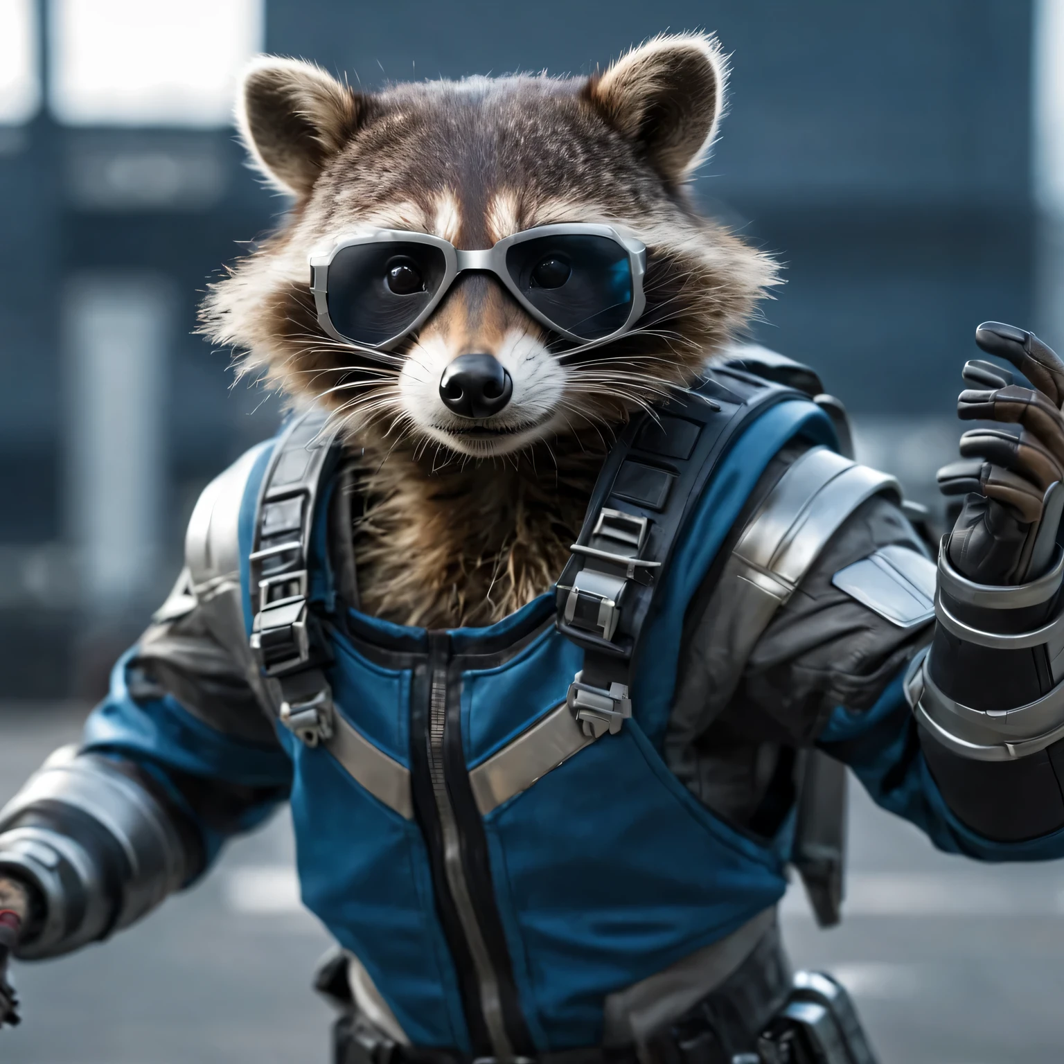 Realistic photo depicting a humanoid (anthropomorphic) superhero raccoon in a high-tech suit, Move action, dieselpunk, high detail, many image details, 8K, hyperrealistic