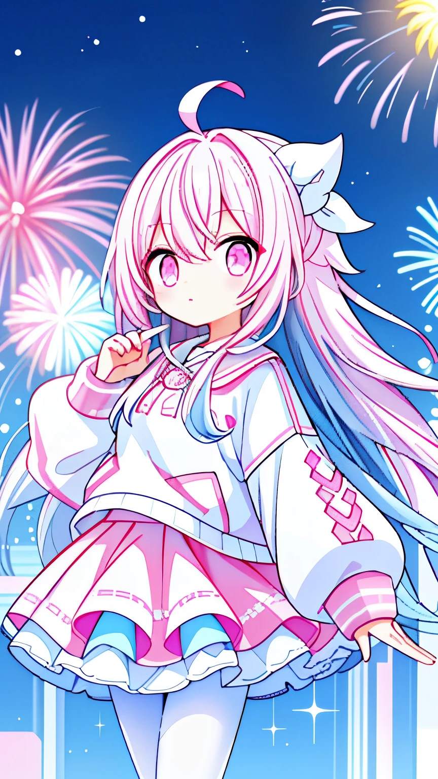 light blue long hair(1.2),Pink and white sweatshirt,white pantyhose,pink eyes,white skirt,for the audience,night background,fireworks