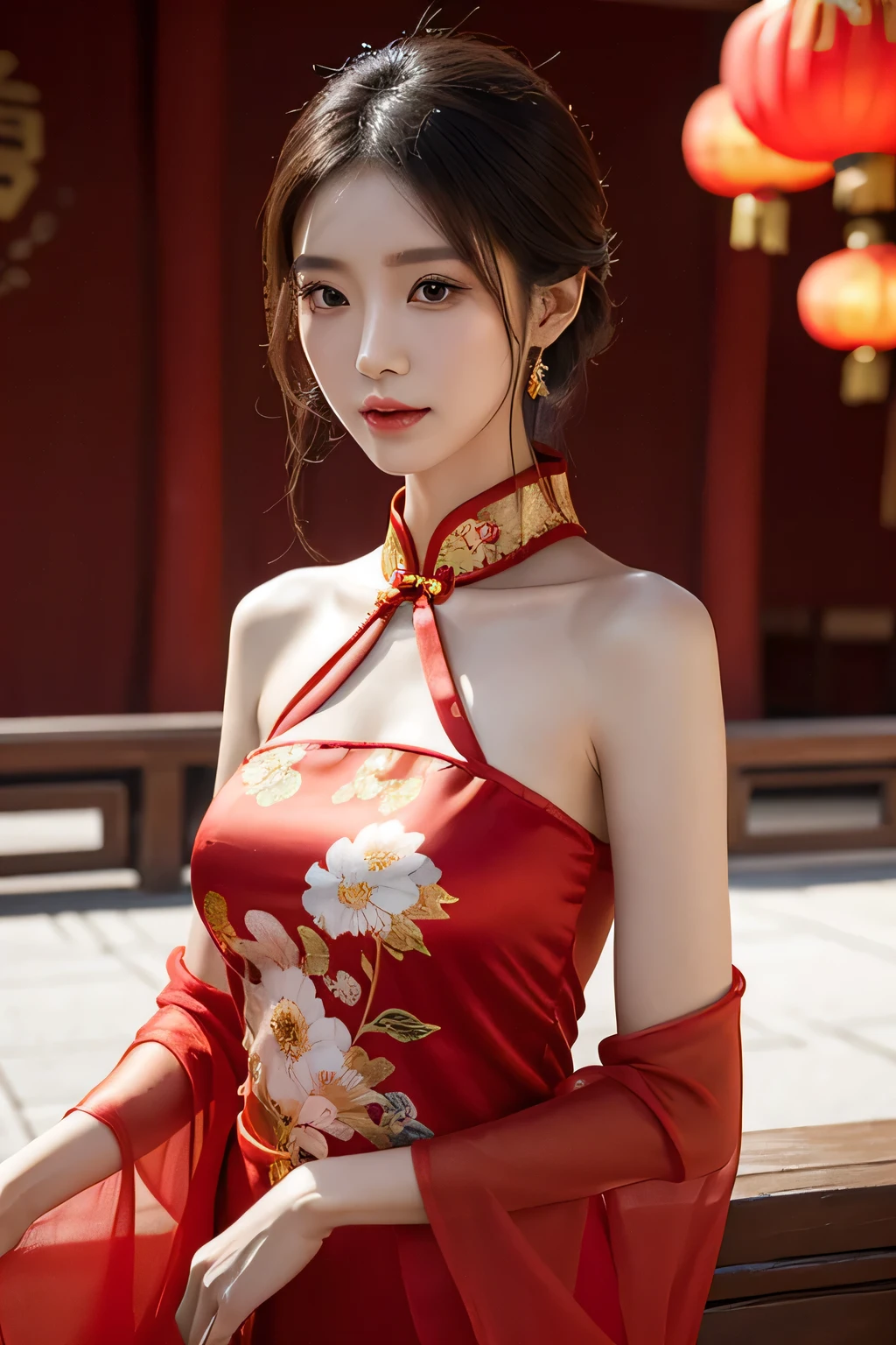 Chinese identity: รูปร่างที่beautifulงาม, Tall and elegant, Best Quality A masterpiece,Very natural light, Shiny skin,ผิวbeautiful, สาวจีนbeautiful,beautiful, Clear face, Wearing a red cheongsam with open shoulders and sleeves decorated with chiffon.. The background is the Chinese New Year festival..