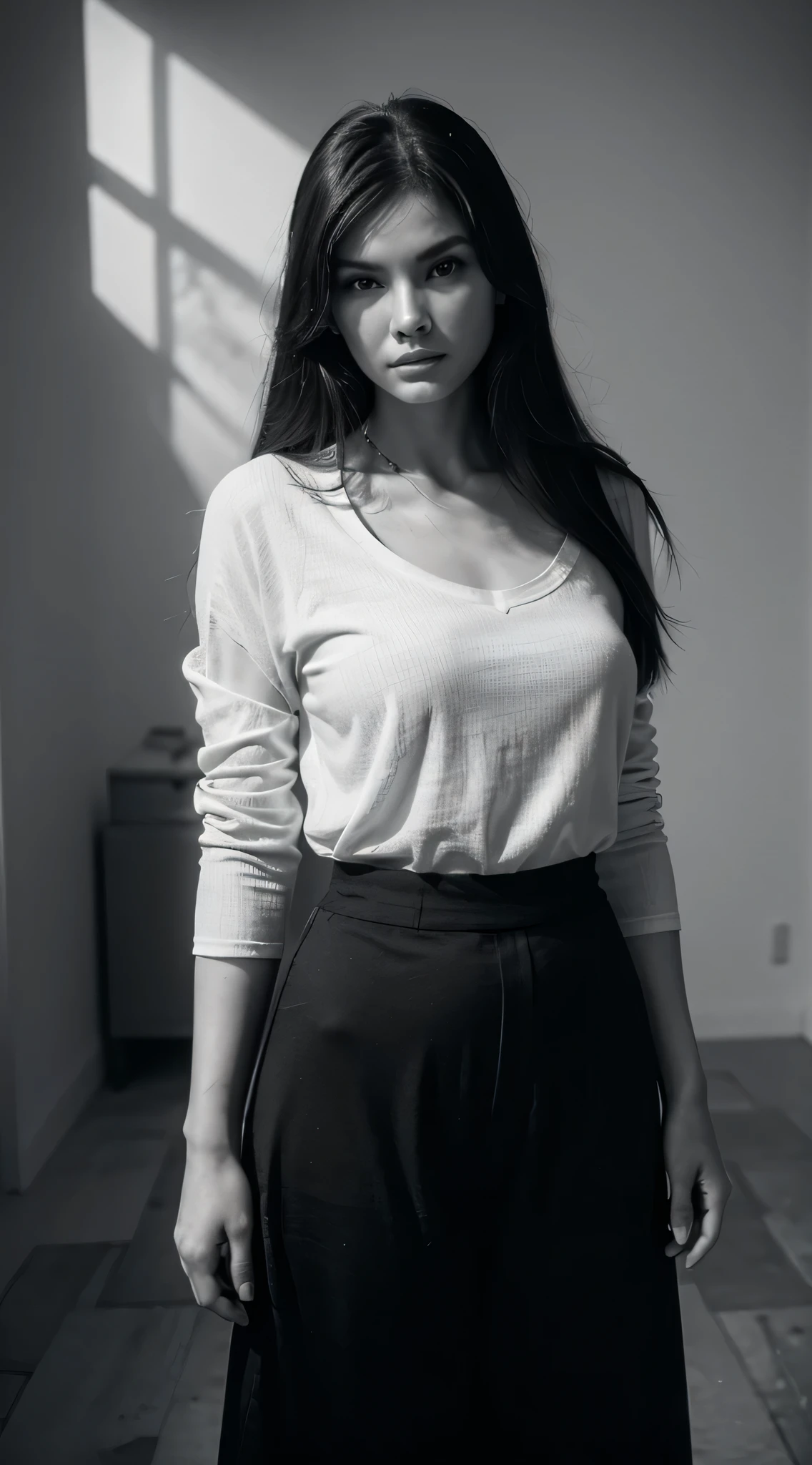 16 thousand., Hyper realistic quality, masterpiece, 1 girl, Chinese, The girl looks like Linda Evangelista in her youth, ((portrait)), Slim Anerexic model, long straight dark hair, Hair development, girl sitting, looks straight at us, black shirt with sleeves, rolled up to a V-neck., ethnic jewelry hanging on the neck, White studio photography, fashion photography, soft shadows, Monochrome Photography, grainy, photographic quality, cinematic quality.