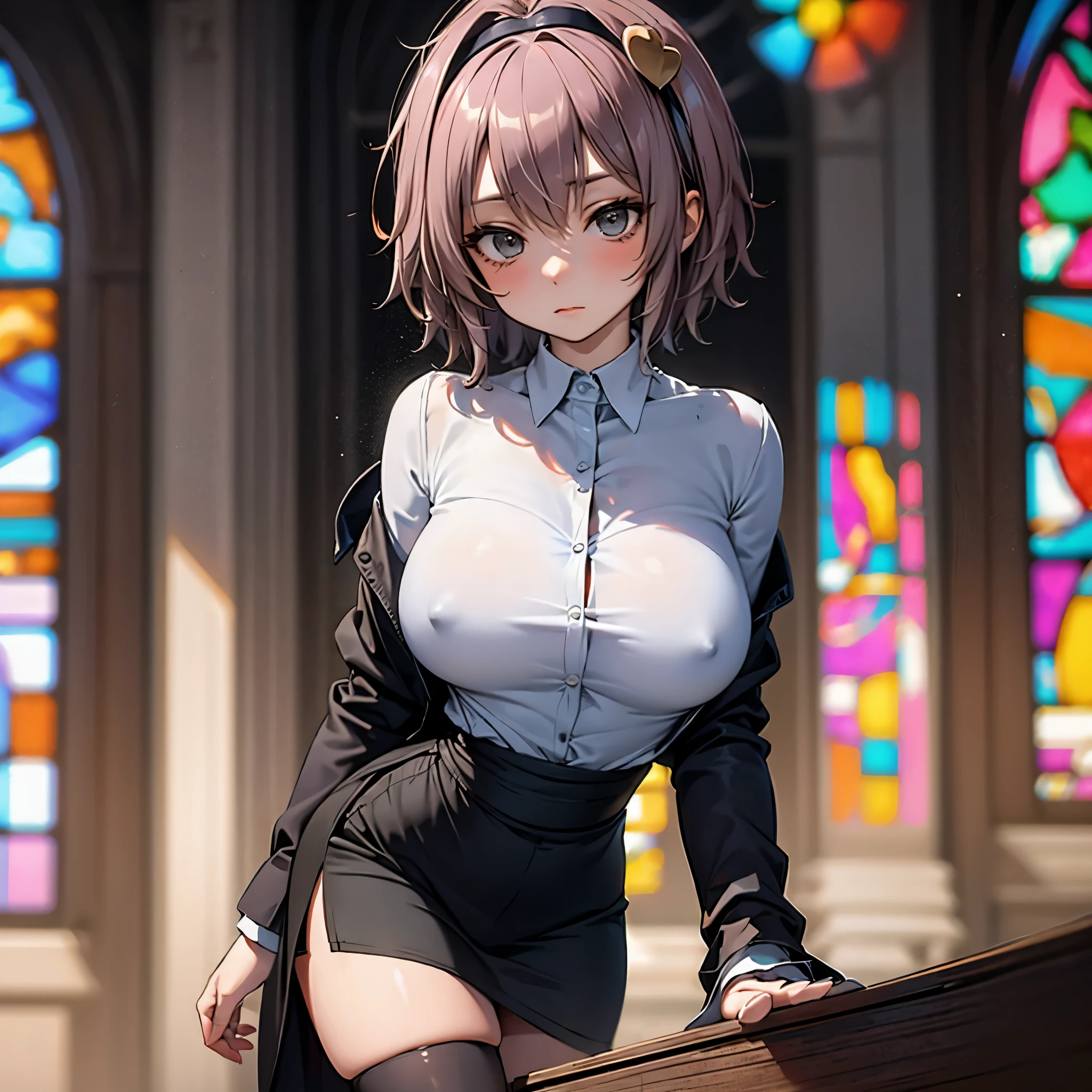 (Satori toho character:1.1), (solo), (standing), (stained glass), BREAK, short hair, (huge perky breasts), bursting breasts, (inconceivably thin waist:1.2), very long legs, BREAK, (black blazer:1.3), (black thighhighs:1.3), (very short black high-waist skirt:1.3) cinches waist too tight, highheels, BREAK, nose blush, BREAK, masterpiece, ultra-detailed