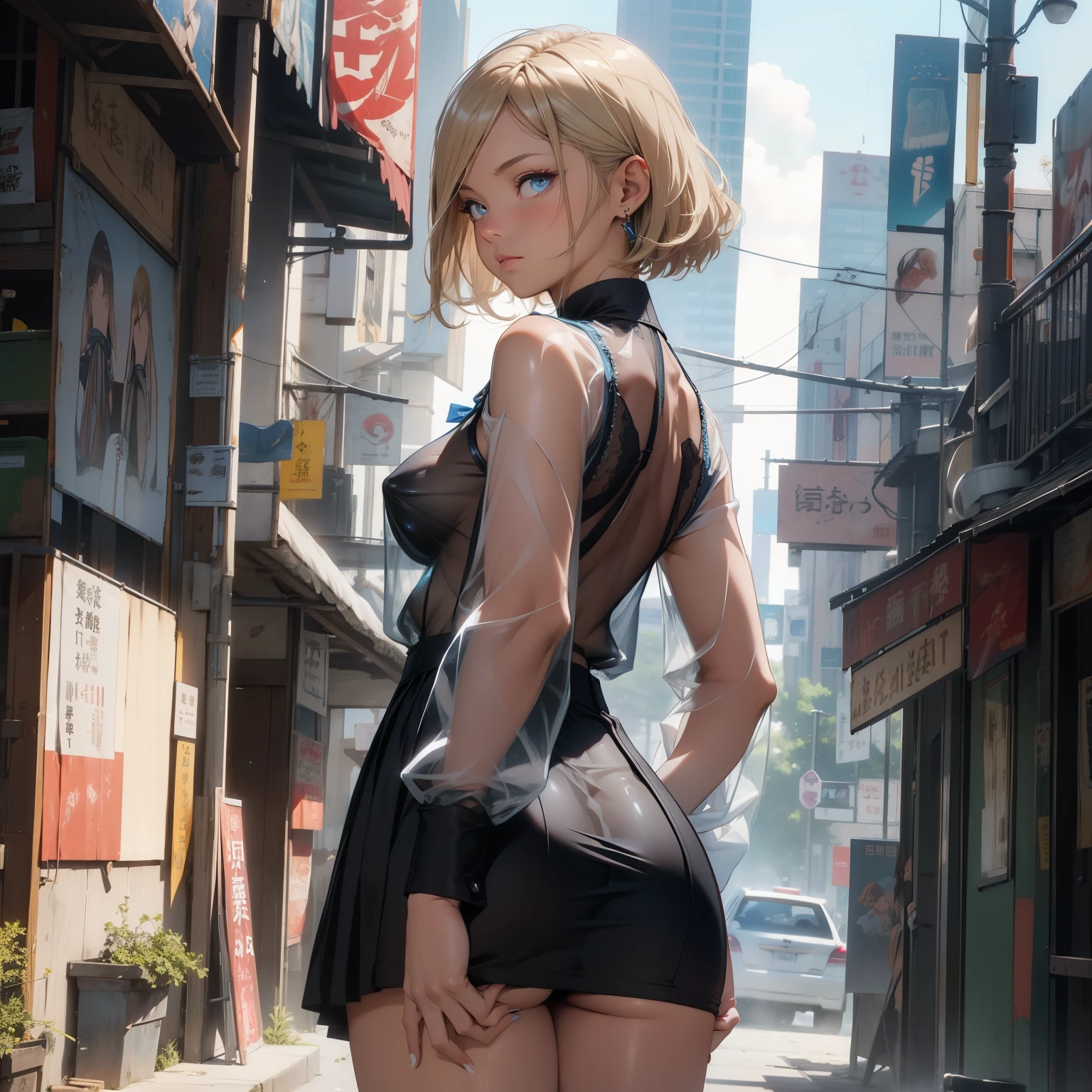 (quality)), ((masterpiece)), Recommended results、Puffy nipples、(see through:1.5)、straighten your back、abdominal muscles、huge bust、angle to floor:1.2、low camera angle、Hair loss on crotch,Hatsune Miku,(Very detailed的背景:1.0), (highly detailed back ground:1.0),ridiculous, ((masterpiece:1.2, 最好的quality)), Super detailed, Super accurate depiction, Super detailed的描绘, 最好的quality, Very detailed, (dynamic poses), (lifelike:1.4), official art, unified 8k wallpaper, Beautiful and beautiful, looking at the audience, 1 lady, wide hips, (shiny skin), Many colors, dynamic angle, Chaos in its most beautiful form, elegant, brutalist design, , deep shadow, low profile, look back, Android_18, and18, and18, 1 girl, 18, alone, blonde hair, blue eyes, short hair, earrings, jewelry, denim dress, open vest, black pantyhose, black shirt, Denim skirt, striped long sleeves, blue skirt, big breasts