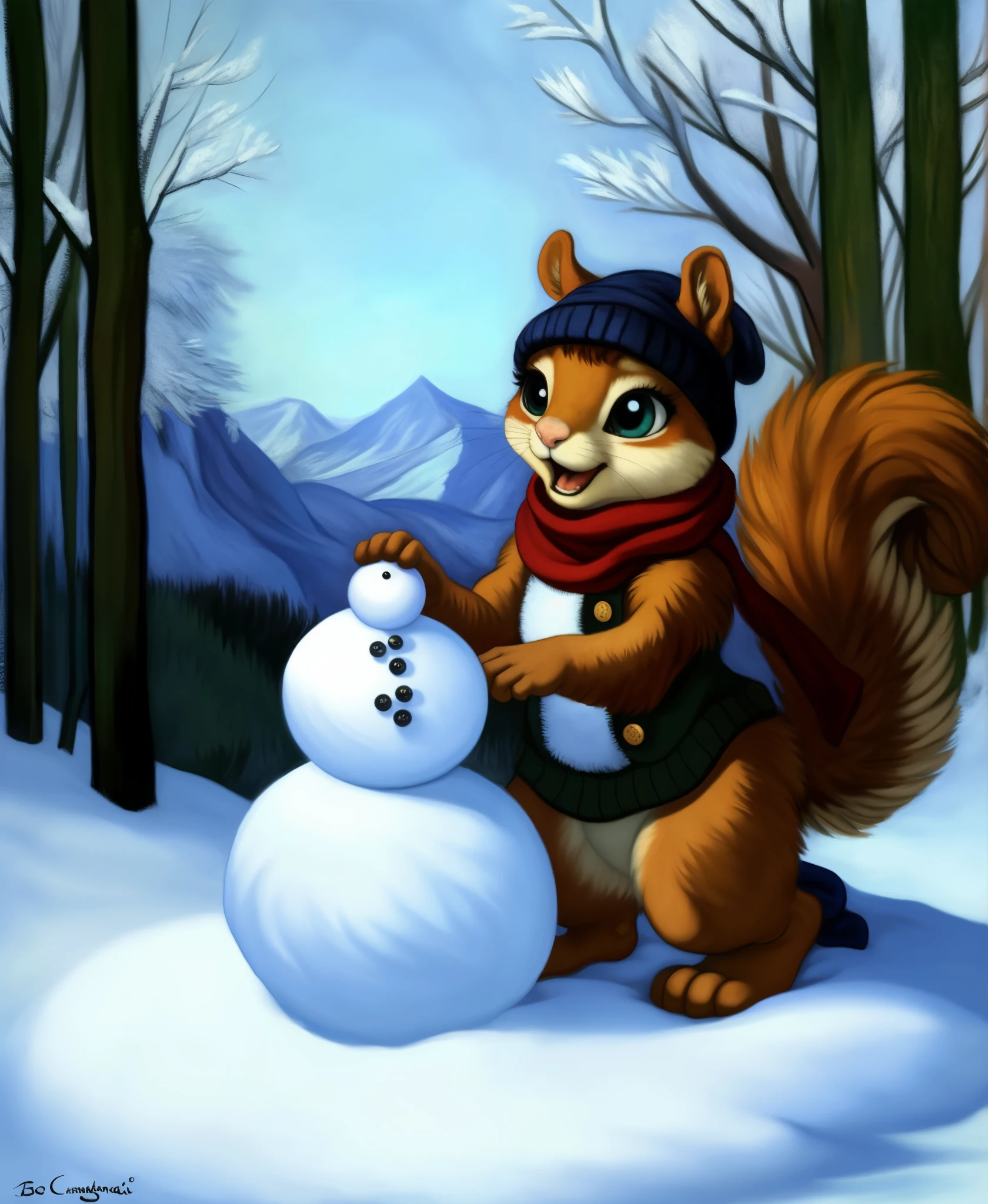(squirrel, solo, fluffy tail, playing), snow-covered forest, big eyes, twitching nose, soft fur, bundled up in a scarf and beanie, breath visible in the cold air, SFW, cheerful demeanor as she makes a tiny snowman with acorn buttons, the image exuding a sense of winter wonder and joy, by Bob Ross, by Leonardo da Vinci,  by Michelangelo Caravaggio, by  Monet, by Van Gogh, by Rembrandt (Picasso) Dali ].