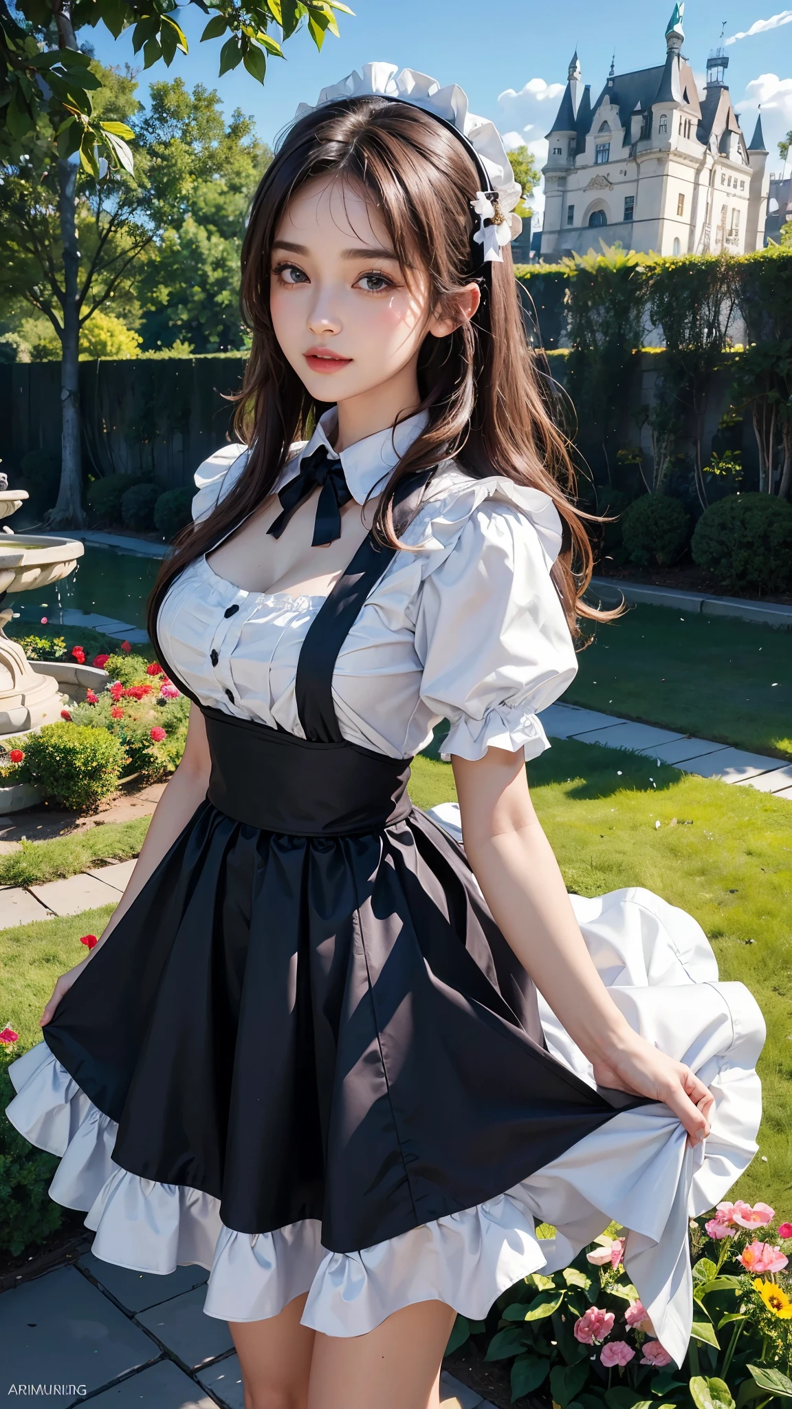 ( highest quality、8K、masterpiece、realistic：1.3 )、 1 woman、( A garden with a classical and prestigious castle in the background )、( Very high quality deep background : 1.2)、nature bright sunlight、blue sky、smile、brown hair、hair blowing in the wind、beautiful woman with perfect figure: 1.4、Highly detailed face and skin texture、detailed eyes、double eyelid、very far away : 1.2 、I can see the whole body、white and black maid、White maid headband、ruffle blouse、ruffle mini skirt、ribbon tie、apron、high heels 、Show off your cleavage、arch your back。
