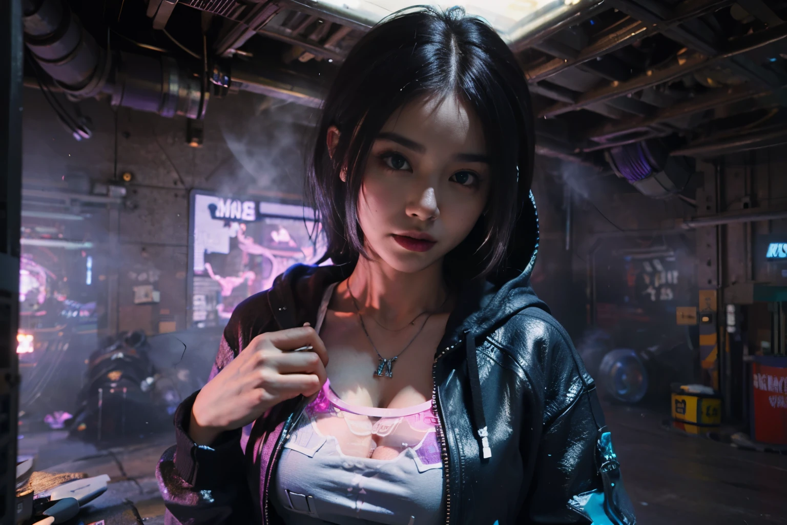 Masterpiece, (Ultra detailed), glow theme, Mature woman，Solo，big breast，hoodie over size，black shadows, Corrupt cityscape, Highest quality, Single focus, (skimming: 1.1), full bodyesbian, Intricate (High detail: 1.1) illusory engine，cyber punk, glow pink blue perple, close up picture