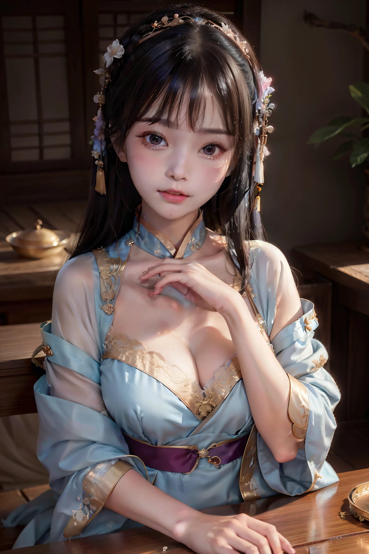 hanfu dynasty royal, princess 10 yeald old , big breast , beauty face, thin lance open v-hanfu petticoat, gril cute, round breast, big cheast, thin silk lace , detail , quality 8k, thin high swaist, wet breast cloth