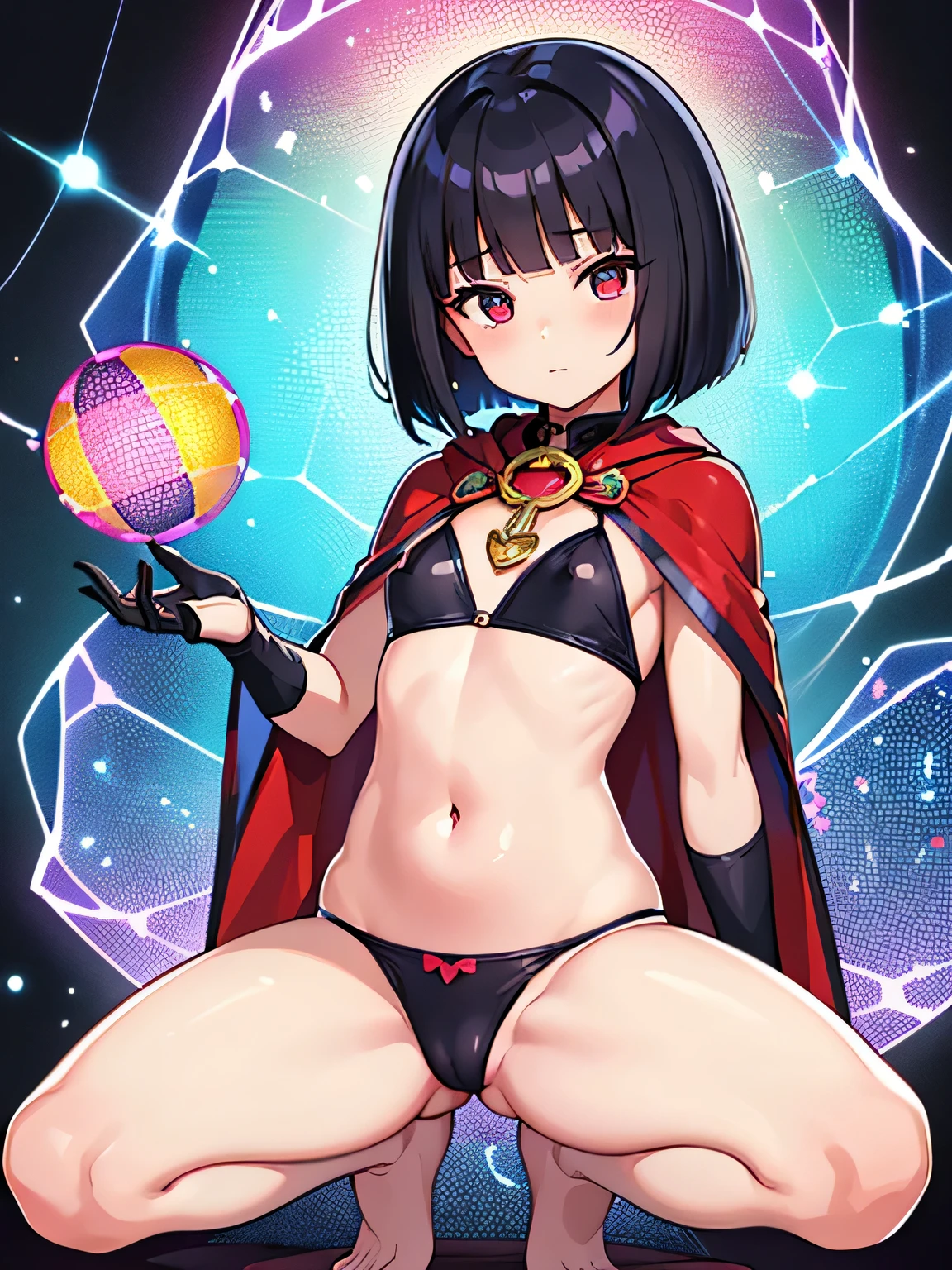 super , masterpiece, highest quality, abstract, psychedelic, neon, (honeycomb pattern), (creative:1.3), fantasy 00d、 black hair、bob cut with trimmed ends、flat chest、Thin crotch、lolicon、belly button、High-leg style、red cloak、pointed nipples、white panties、(((squat)))、transparent clothes、