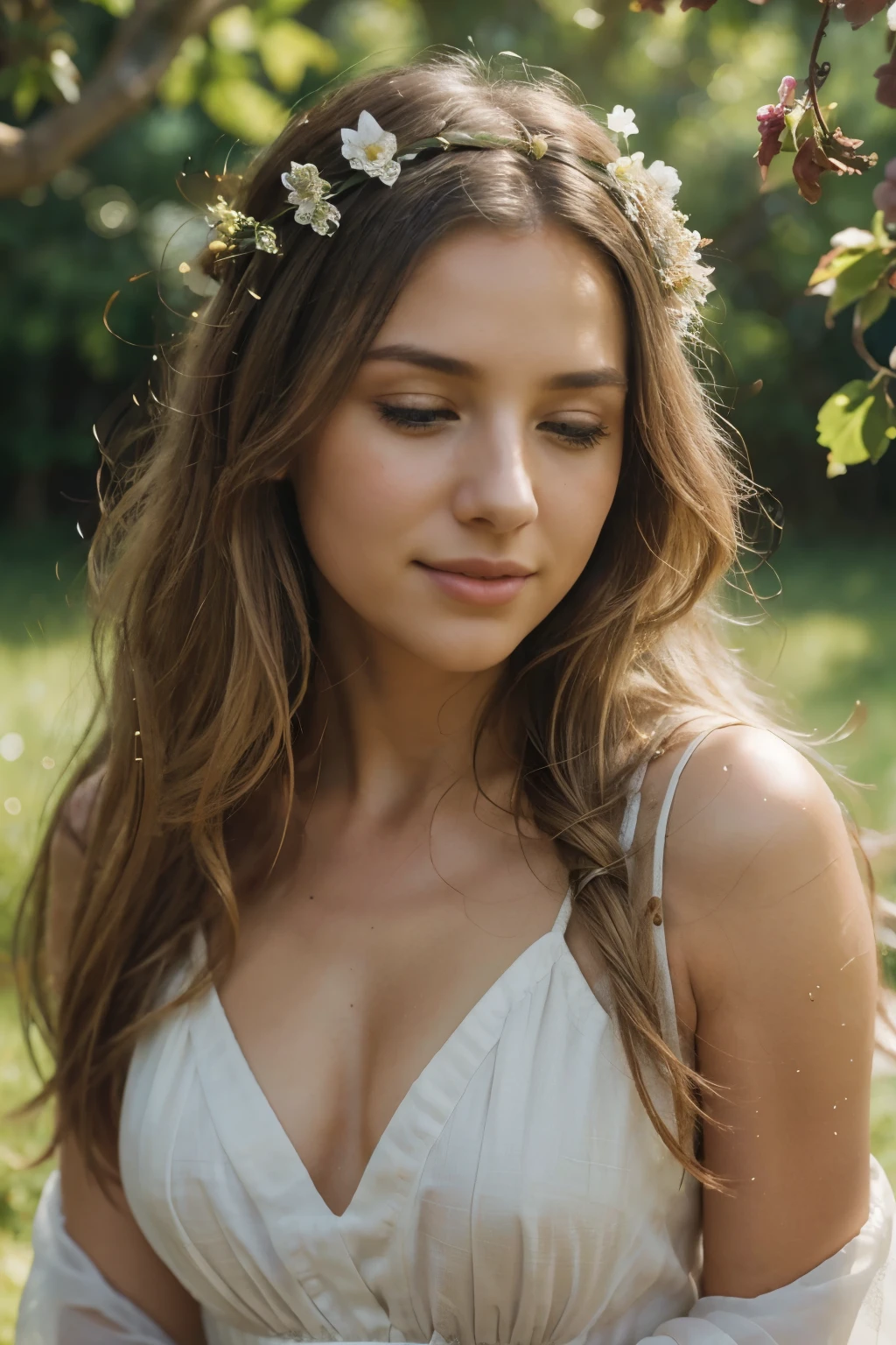 (best quality,8k,ultra-detailed,masterpiece:1.2),beautiful and aesthetic,hyperrealism,photography,portrait,ager, grey eyes, long blonde hair, Spain,sun-kissed,backlit,flowing dress,flower crown,vibrant colors,lively background,surreal atmosphere,warm and dreamy lighting,soft focus,pure and innocent expression,subtle smile,golden hour lighting,peaceful and serene ambiance,ethereal and magical feel, breezy summer day, rustic countryside, Spanish landscape,sparkling sunlight filtering through the trees,whispering flowers dancing in the wind,joyful laughter echoing in the air,playful energy and vibrant spirit,light and shadow interplay,subtle wind blowing through her hair,stunning details on every strand of hair,delicate texture of the flower crown,meticulous reflection in the eyes,painterly strokes creating a lifelike effect,dreamlike quality that transports you to another world,where time stands still and dreams come to life.