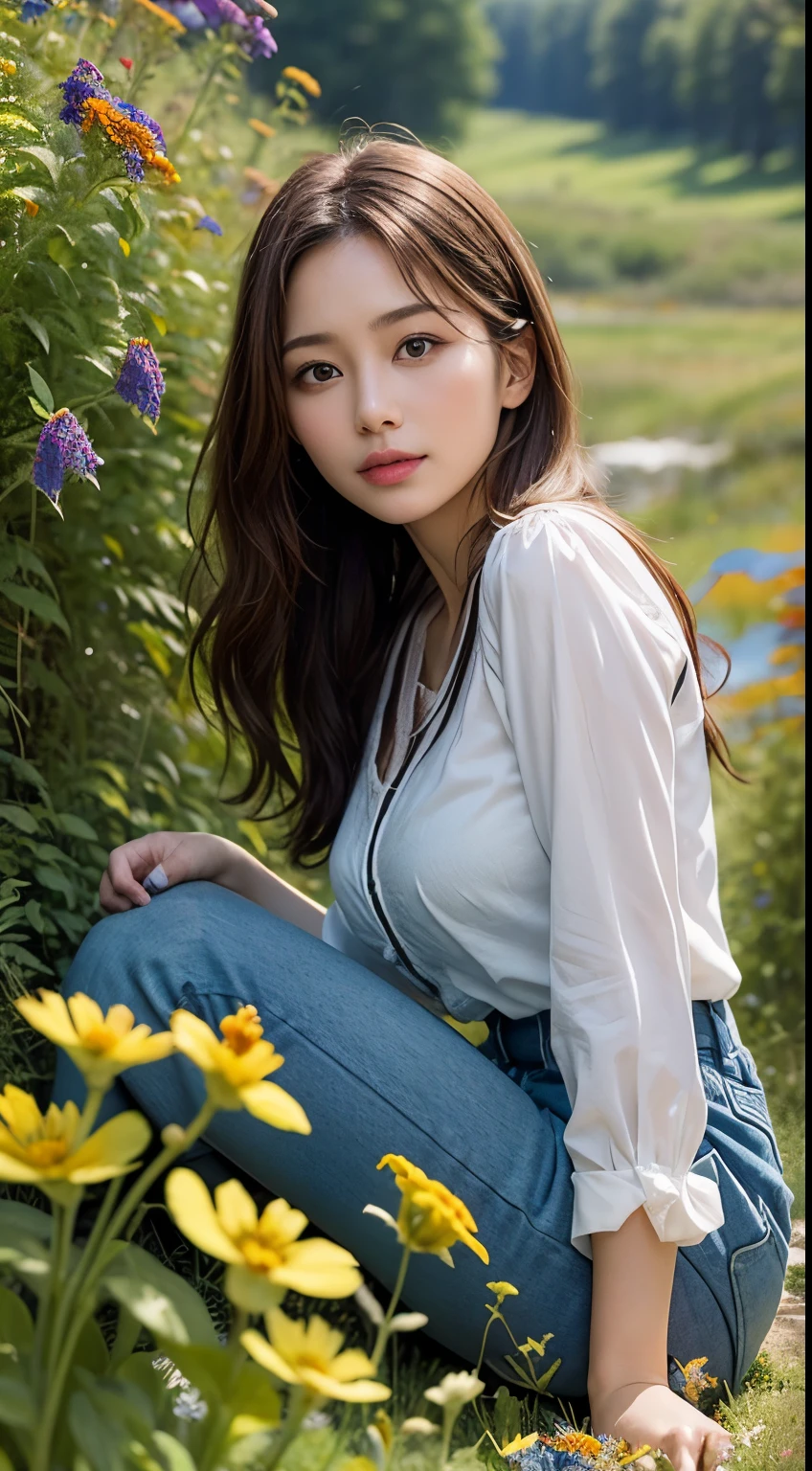 (1 girl), very beautiful, Super cute, wonderful face and eyes, (big round eyes:1.15), (very detailed美しい顔), very detailed CG 統合 8k 壁紙, very detailed, High resolution raw color photos, professional photos, realistic portrait, There are celebrities, compensate, straight hair, brunette, sitting, spread your legs wide, outdoor, dense forest, (Meadows full of wildflowers:1.5), (wildflower garden), ((rivers)), (((Bokeh))), Depth of bounds written, (view from below:1.2),