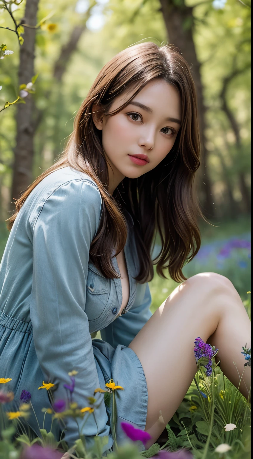 (1 girl), very beautiful, Super cute, wonderful face and eyes, (big round eyes:1.15), (very detailed美しい顔), very detailed CG 統合 8k 壁紙, very detailed, High resolution raw color photos, professional photos, realistic portrait, There are celebrities, compensate, straight hair, brunette, sitting, spread your legs wide, outdoor, dense forest, (Meadows full of wildflowers:1.5), (wildflower garden), ((rivers)), (((Bokeh))), Depth of bounds written, (view from below:1.2),