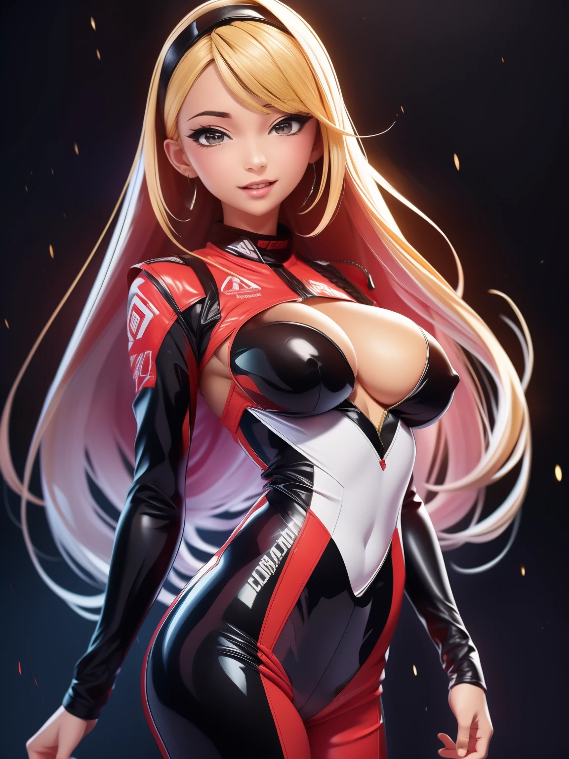 (masutepiece),(Best Quality:1),(超A high resolution:1),Wallpaper, detailed illustration, triple D cup breasts,m, Detailed beautiful skin, 1girl in, racecar driver bodysuit, black and white bodysuit, sexy, beautiful face, fit and strong body, ,Red twin tails, Sexy, bodysuit, full body 、middlebreasts, single color black background