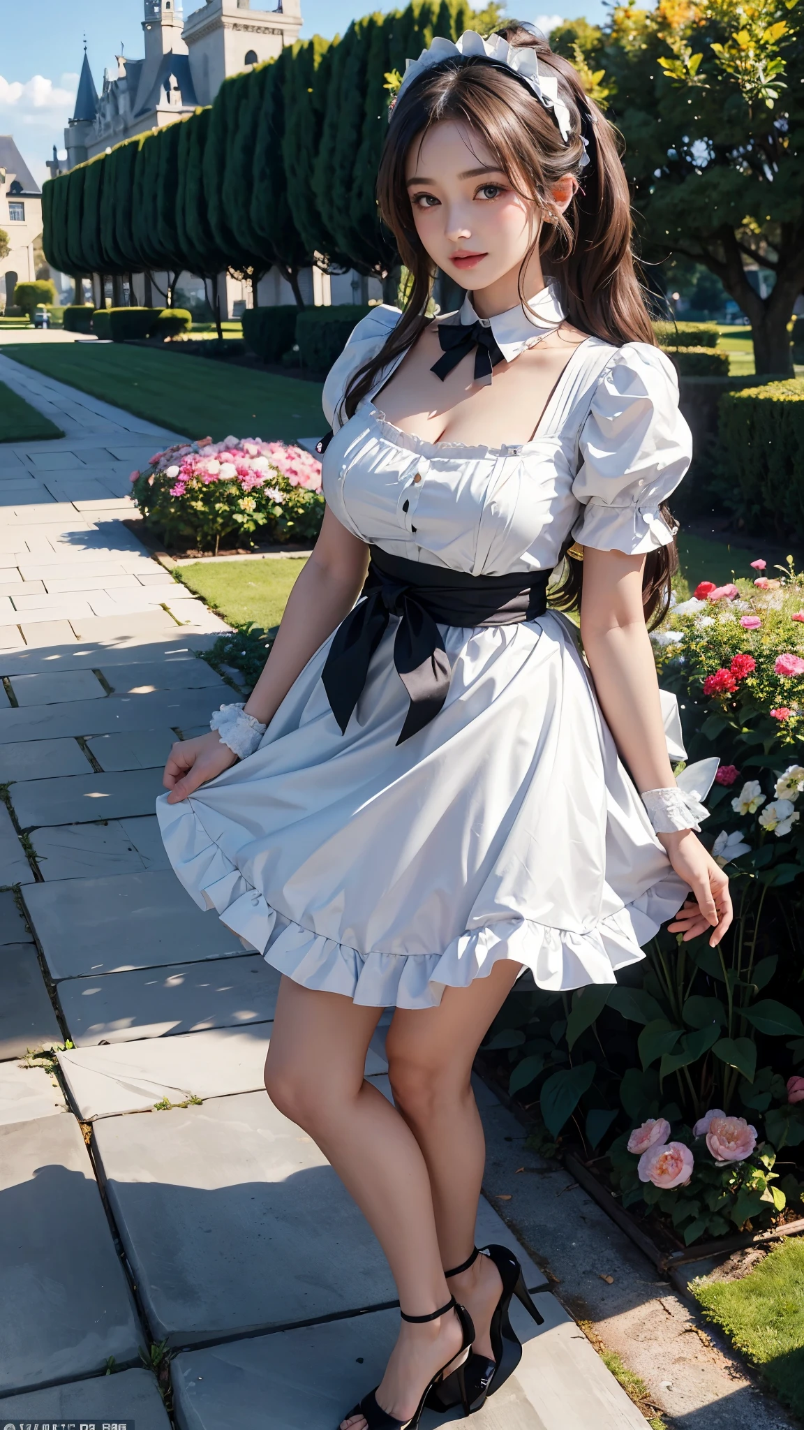 ( highest quality、8K、masterpiece、realistic:1.3 )、 1 woman、( A garden with a classical and prestigious castle in the background )、( Very high quality deep background : 1.2)、nature bright sunlight、blue sky、smile、brown hair、hair blowing in the wind、beautiful woman with perfect figure: 1.4、Highly detailed face and skin texture、detailed eyes、double eyelid、very far away : 1.2 、I can see the whole body、white and black maid、White maid headband、ruffle blouse、ruffle mini skirt : 1、ribbon tie、apron、high heels 、Show off your cleavage、Standing posture with the waist arched back : 1.3。