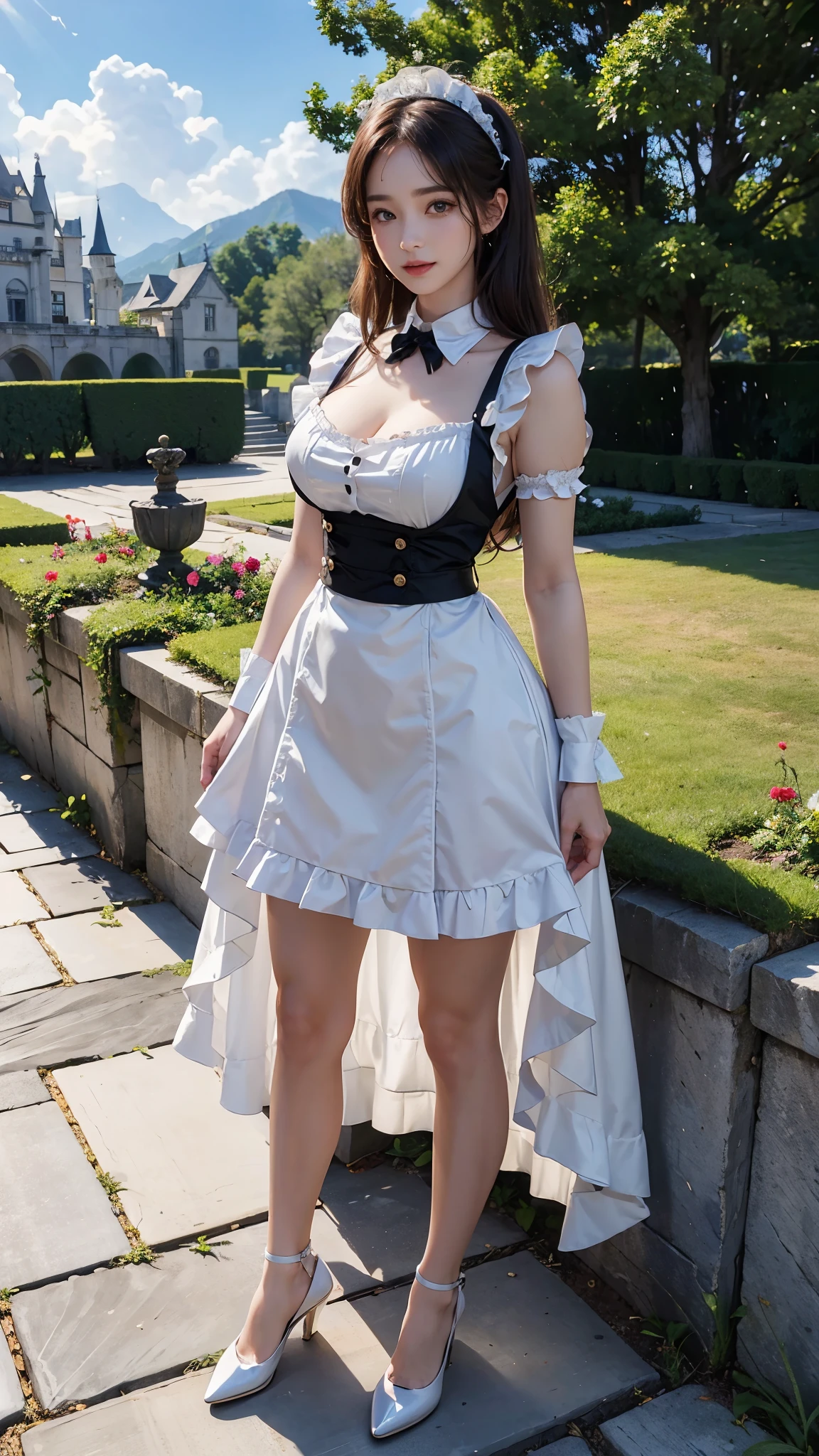 ( highest quality、8K、masterpiece、realistic：1.3 )、 1 woman、( A garden with a classical and prestigious castle in the background )、( Very high quality deep background : 1.2)、nature bright sunlight、blue sky、smile、brown hair、hair blowing in the wind、beautiful woman with perfect figure: 1.4、Highly detailed face and skin texture、detailed eyes、double eyelid、very far away : 1.2 、I can see the whole body、white and black maid、White maid headband、ruffle blouse、ruffle mini skirt : 1、ribbon tie、apron、high heels 、Show off your cleavage、Standing posture with the waist arched back : 1.3。