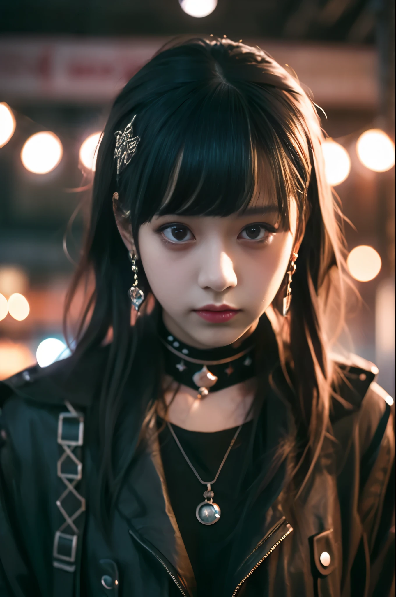 1girl, solo, headband, choker, earrings, dark clothing, jacket, looking at viewer, makeup, upper body, perfect eyes, perfect face, smooth skin, cinematic lighting, bokeh, realistic, raw photo, extremely detailed