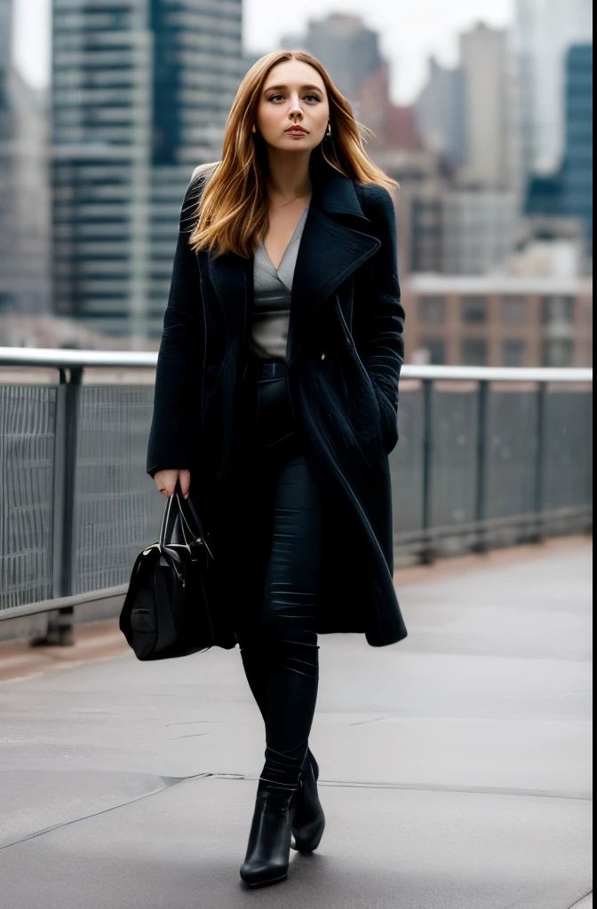 dark and gloomy, 8k, a full body photo of the brunette Elizabeth Olsen with new york city behind her, lifelike texture, dynamic composition, Fujifilm XT2, 85mm F1.2, 1/80 shutter speed, (bokeh), high contrast