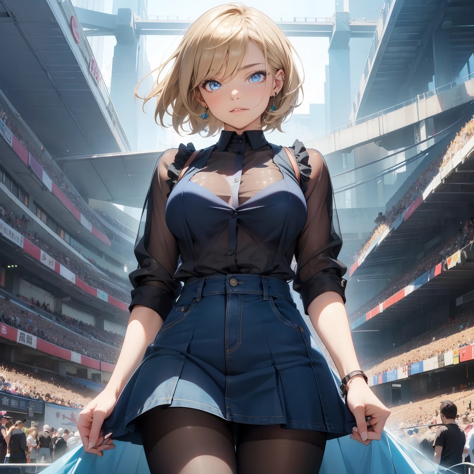 (quality)), ((masterpiece)), Recommended results、Puffy nipples、(see through:1.5)、straighten your back、abdominal muscles、huge bust、angle to floor:1.2、low camera angle、Hair loss on crotch,Hatsune Miku,(Very detailed的背景:1.0), (highly detailed back ground:1.0),ridiculous, ((masterpiece:1.2, 最好的quality)), Super detailed, Super accurate depiction, Super detailed的描绘, 最好的quality, Very detailed, (dynamic poses), (lifelike:1.4), official art, unified 8k wallpaper, Beautiful and beautiful, looking at the audience, 1 lady, wide hips, (shiny skin), Many colors, dynamic angle, Chaos in its most beautiful form, elegant, brutalist design, , deep shadow, low profile, return, Android_18, and18, and18, 1 girl, 18, alone, blonde hair, blue eyes, short hair, earrings, jewelry, denim dress, open vest, black pantyhose, black shirt, Denim skirt, striped long sleeves, blue skirt, big breasts