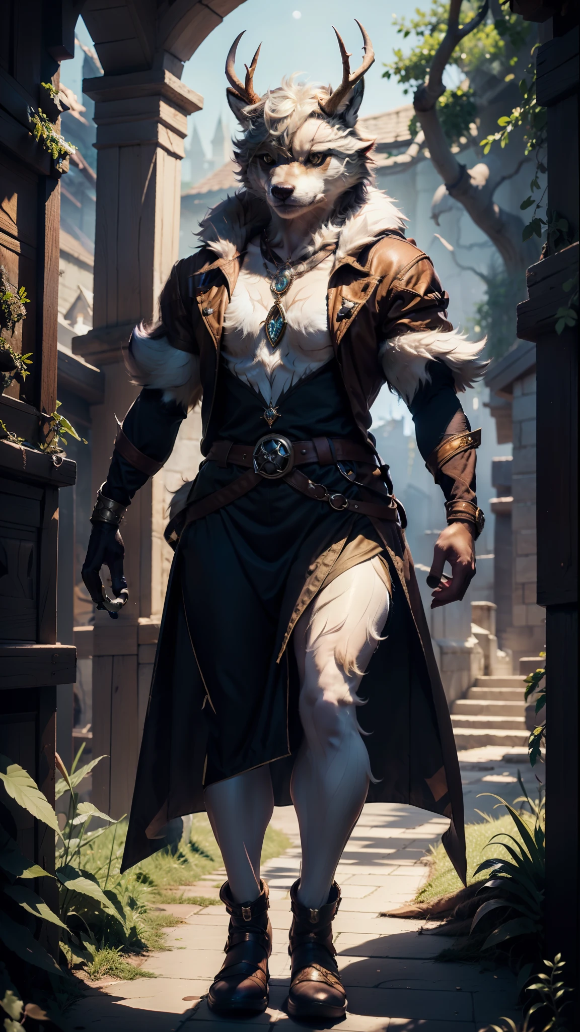 masterpiece, (1girl), extremely detailed character, full body shot, best quality, dnd, dungeons and dragons, (wolf, anthro, horns), (furry:1.5), white magic, deer horns, pointy ears, medieval era, fantasy clothes, anime style, (medieval light wizard outfit)