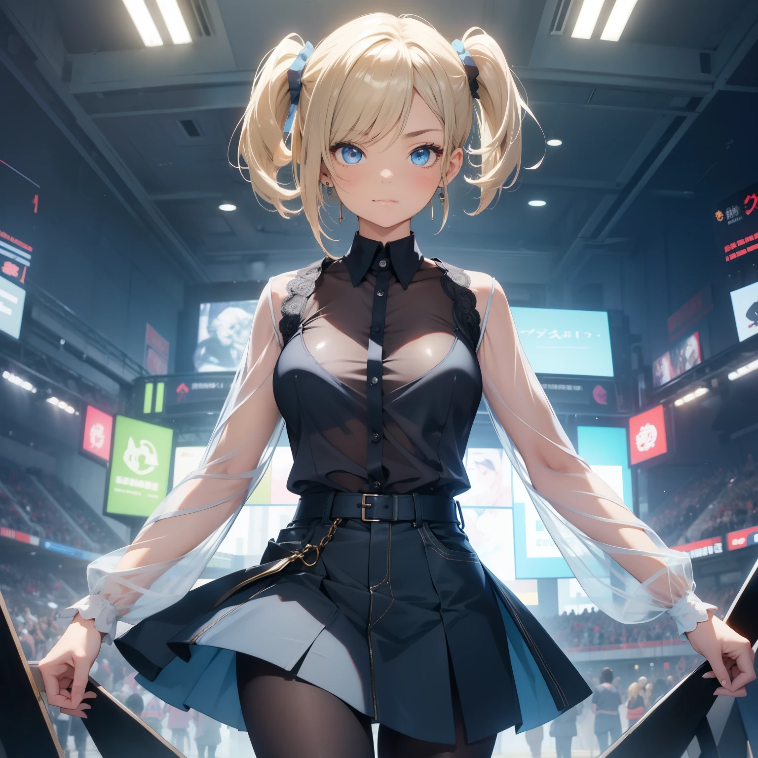 (quality)), ((masterpiece)), Recommended results、Puffy nipples、(see through:1.5)、straighten your back、abdominal muscles、huge bust、angle to floor:1.2、low camera angle、Hair loss on crotch，Hatsune Miku，(Very detailed的背景:1.0), (highly detailed back ground:1.0),ridiculous, ((masterpiece:1.2, 最好的quality)), Super detailed, Super accurate depiction, Super detailed的描绘, 最好的quality, Very detailed, (dynamic poses), (lifelike:1.4), official art, unified 8k wallpaper, Beautiful and beautiful, looking at the audience, 1 lady, wide hips, (shiny skin), Many colors, dynamic angle, Chaos in its most beautiful form, elegant, brutalist design, , deep shadow, low profile, return, Android_18, and18, and18, 1 girl,  18, alone, blonde hair, blue eyes, short hair, earrings, jewelry, denim dress, open vest, black pantyhose, black shirt, Denim skirt, striped long sleeves, blue skirt, big breasts