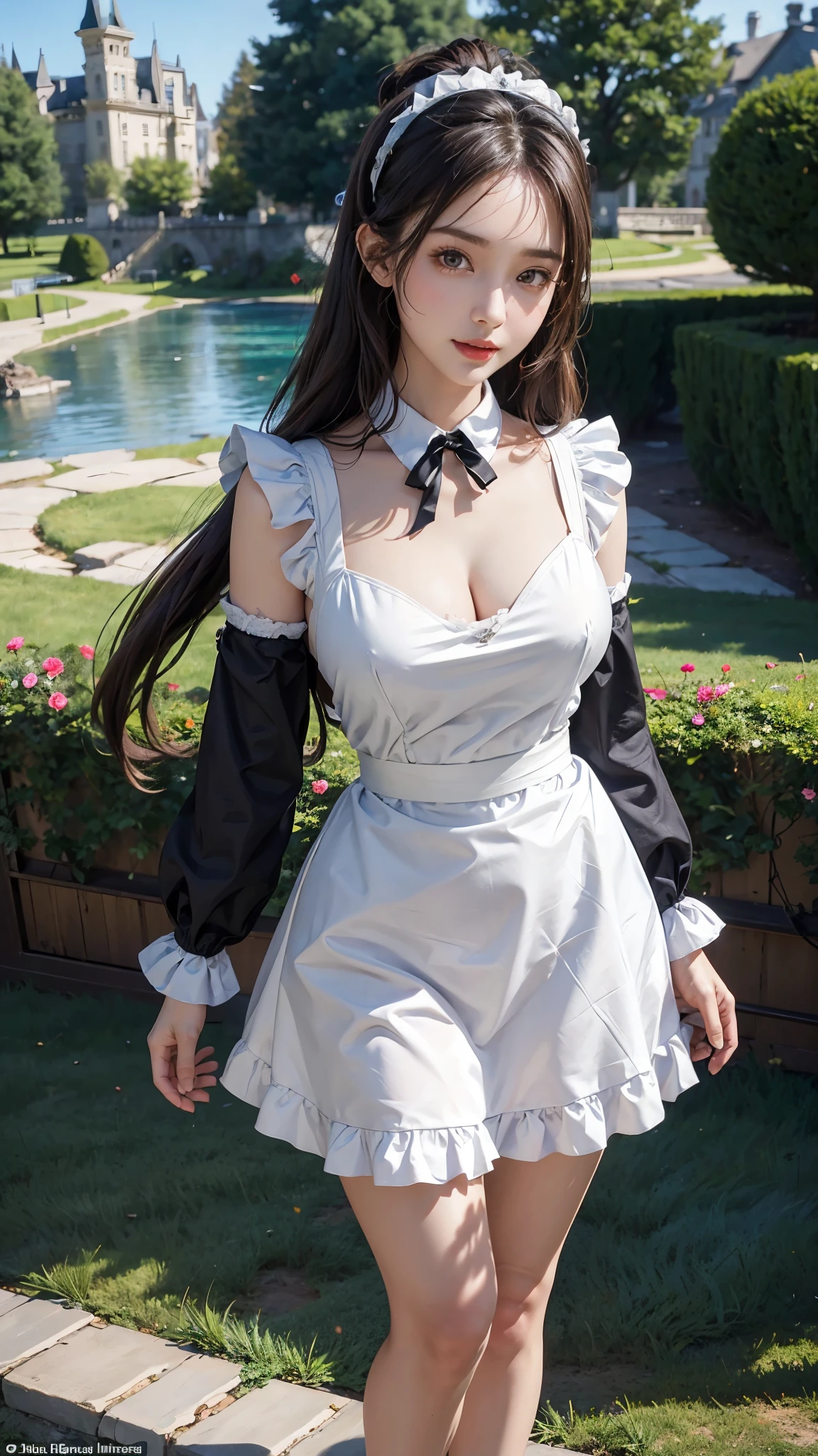 ((masterpiece)), ((highest quality、Ultra high definition)), (Very detailed),8K、Photo quality、((Amazingly cute girl)),( ), Two people, , (Beautiful emerald blue eyes), ((smile)),In the open-air bath overlooking the sea, Beautifully arranged black hair in twin tails、whole body、Cute lolita maid stylimsuit))、Professional Lighting、(White lace knee-highore detailed and beautiful)、(More details and cutenesore realistic)、(((Just wear light clothing)))、プールではしゃぐ、