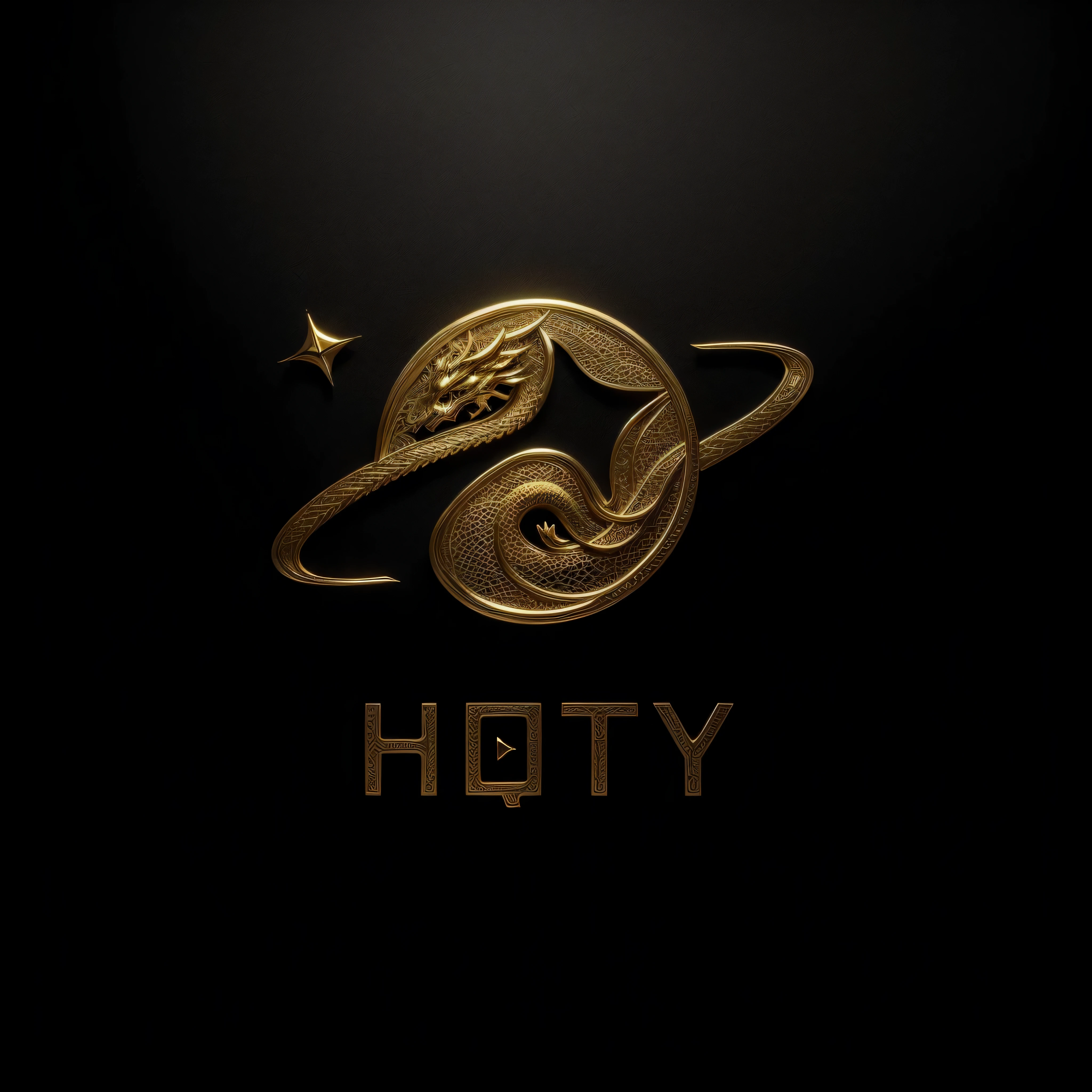 simple pure black background,masterpiece,best quality,super detailed,Shiny gold engraved dragon pattern,Golden Dragon Brand