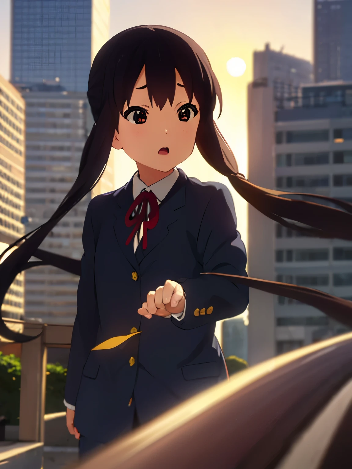 1girl, (((​masterpiece))), top-quality, top-quality, High Details, nakano azusa, 1girl, Sakuragaoka High School Uniform, student clothes, Twin-tailed, length hair, A dark-haired, brown-eyed, 独奏, reddish, Dark blue blazer with thin red ribbon, Solid white buttoned shirt under blazer, illustratio, comic strip, soothing tones, Subdued Color, Soft cinematic light, adobe lightroom, photolab, HDR, intricately and hyper-detailed、(((depth of fields))))。(((​masterpiece)))。(((top-quality))).)((ultra-detailliert)))。(((illustratio)))。(((takeout))).dynamic focus.big breasts.(((Skyscrapers))).(((A city scape))).(((Face of sadness))). open mouth.(((fighting stance))).(((up chest))).((evening glow)).((the setting sun)).