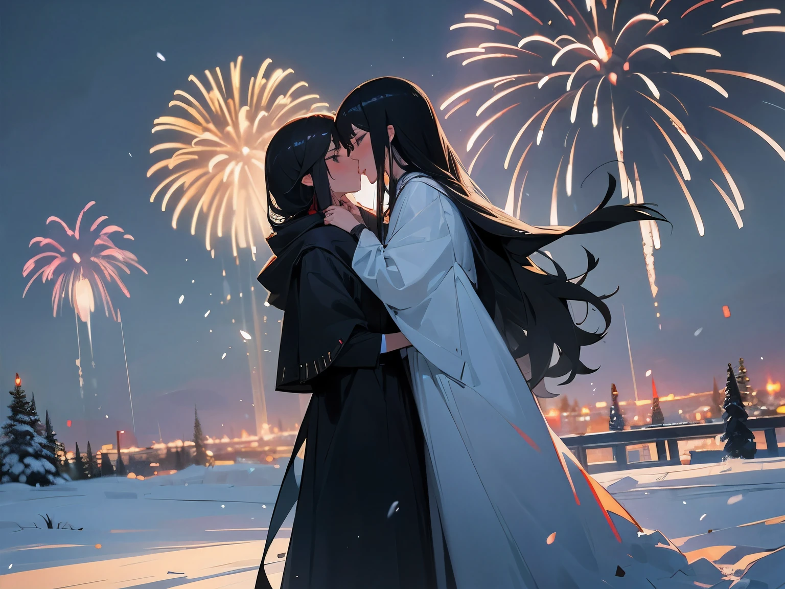 Two women with long black hair kissing,snow,fireworks,best quality