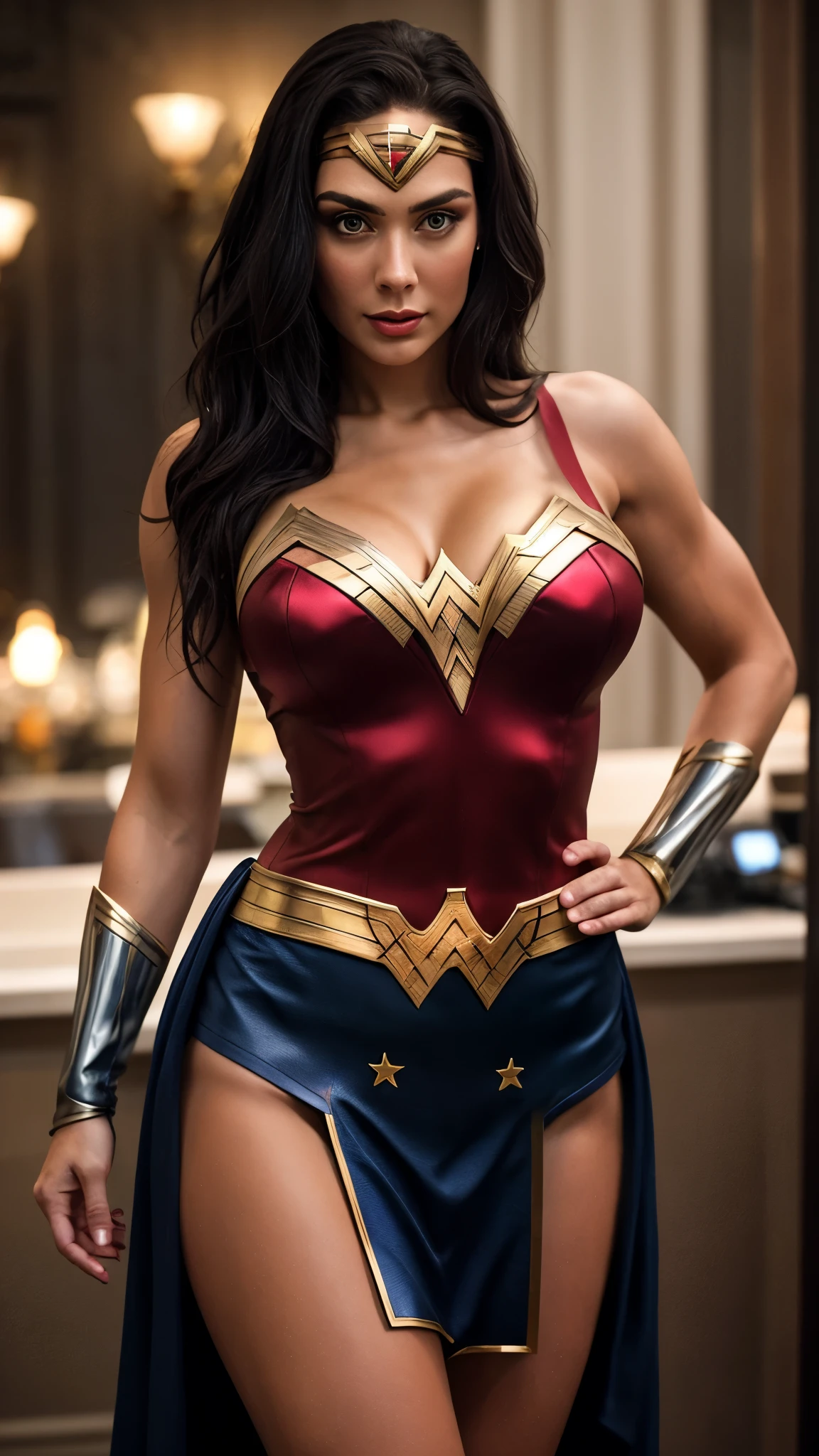 Award-winning photo by slim Aaons of Beautiful Instagram model, large tits, dressed in Wonder Woman fashion, sharp, magic realism