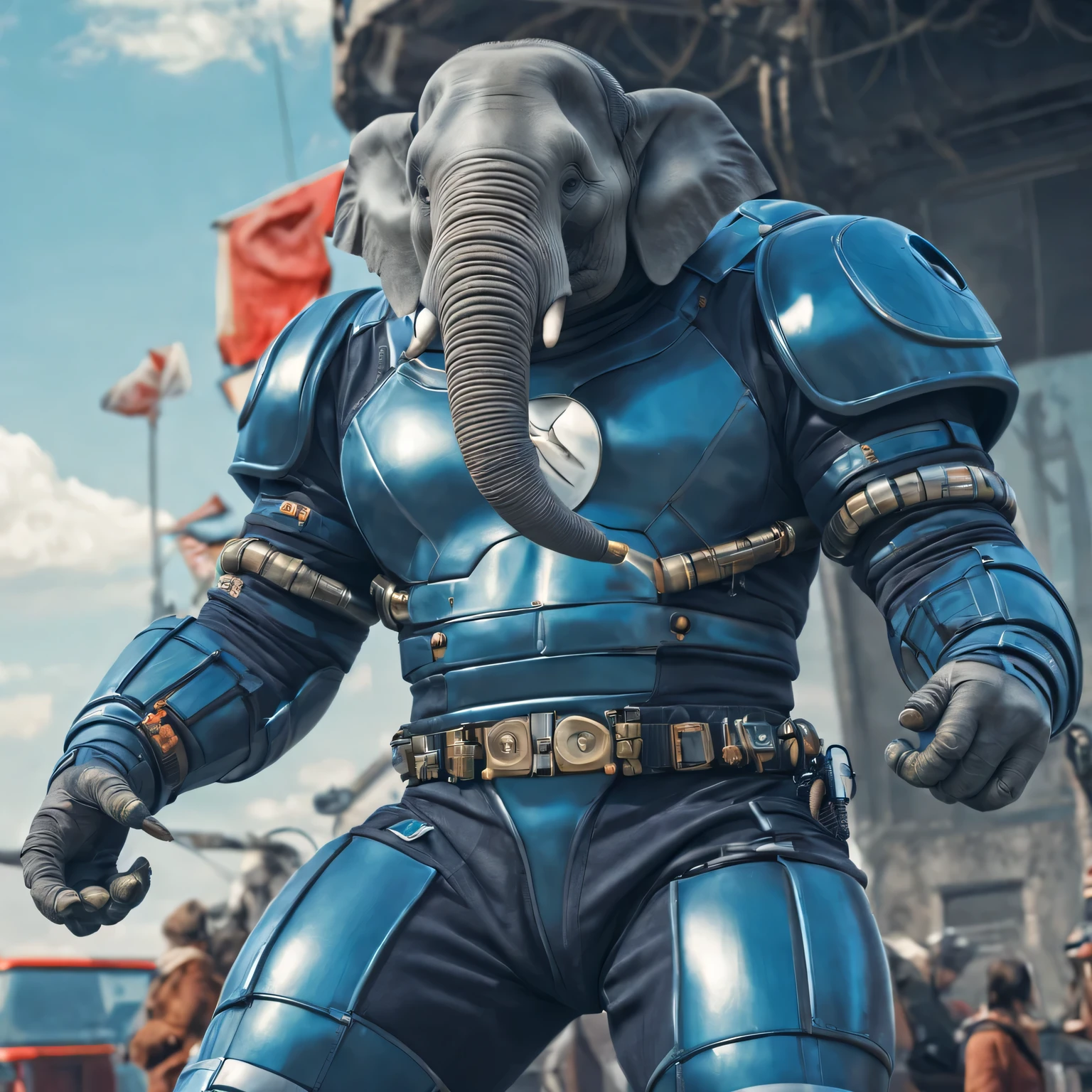 Realistic photo depicting a humanoid (anthropomorphic) elephant superhero in high-tech suit, Move action, dieselpunk, high detail, many image details, 8K, hyperrealistic