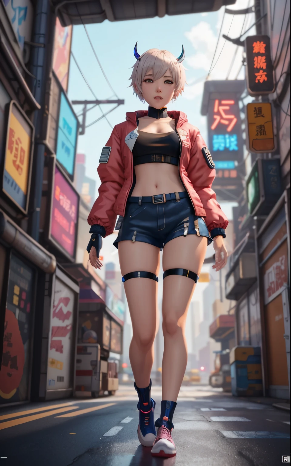 Anime girl in short shorts and jacket standing next to a giant robot, artwork in the style of Gweiz, cyberpunk anime girl mecha, trending on cgstation, Gweiz, Written by Russell Dongjun Lu, digital cyberpunk anime art, lost run 8k, Gweiz on artstation pixiv, Girl wearing mechanical cyber armor