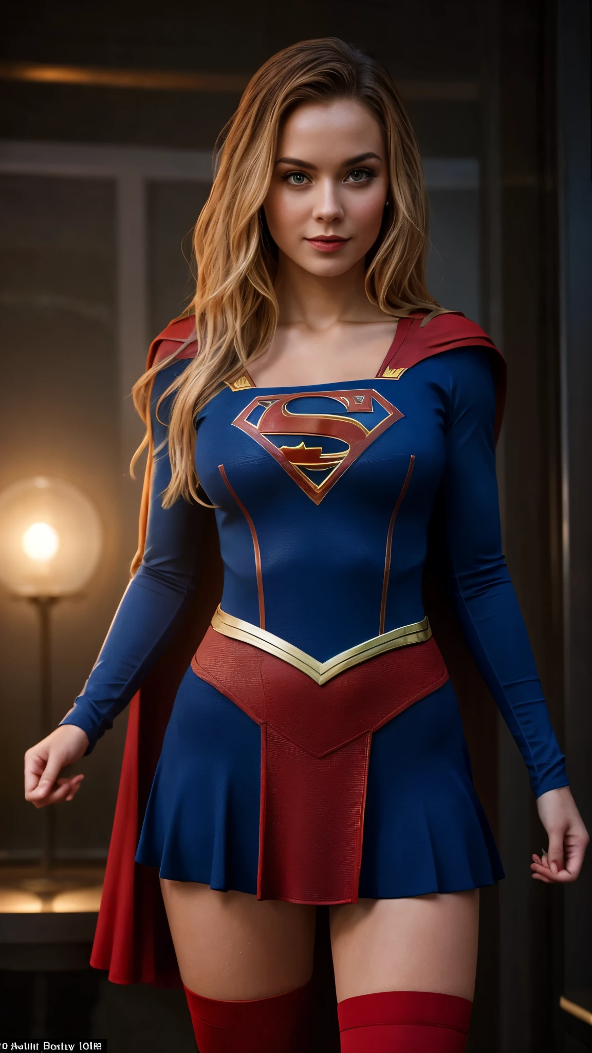 Award-winning photo by slim Aaons of Beautiful Instagram model, large tits, dressed in Supergirl fashion, sharp, magic realism