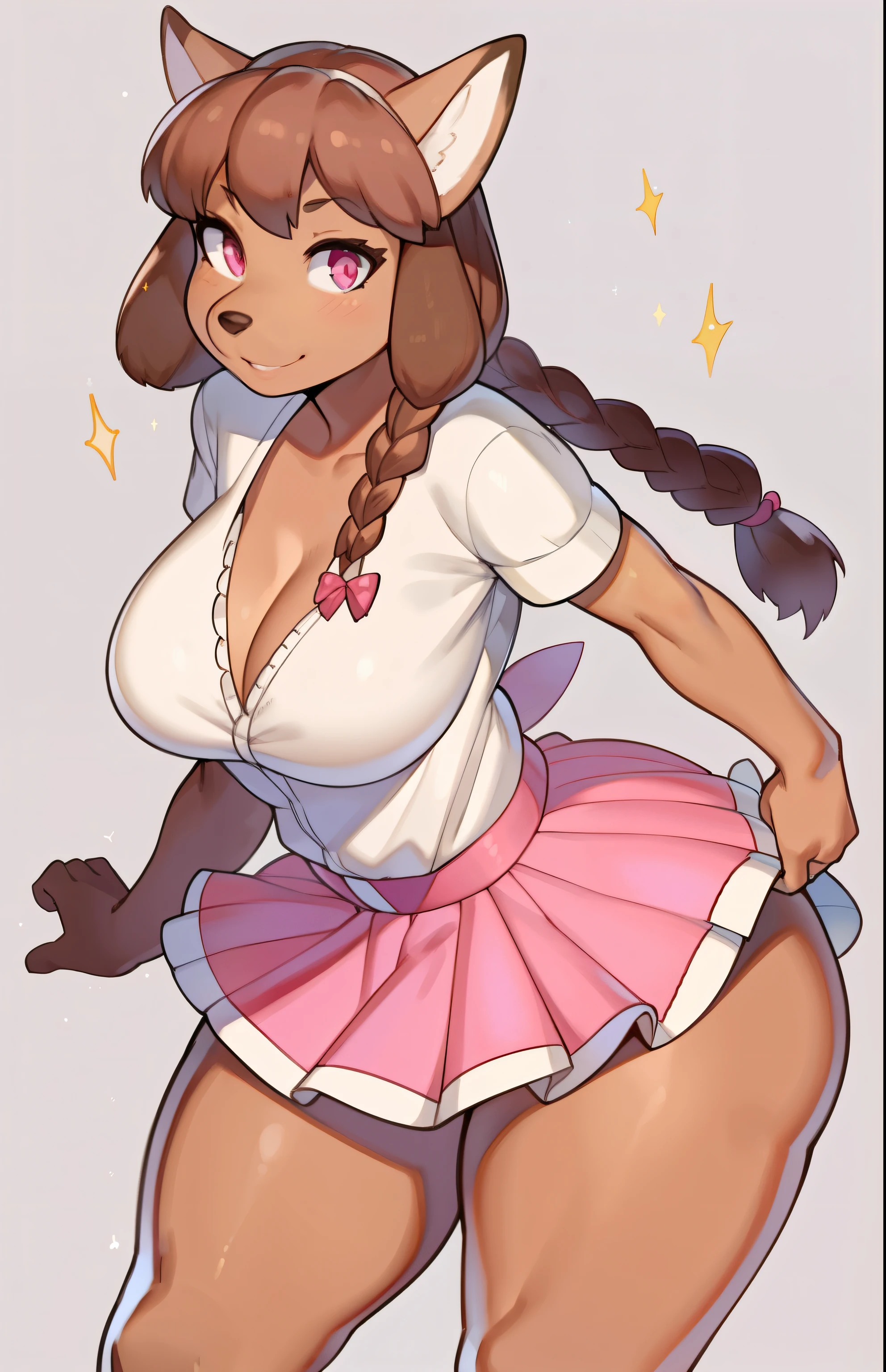 by by buta99, by chelodoy, by spikedmauler, by cervina7, solo, female, standing, looking at viewer, ((hair, snout)), smiling, lips, eyelashes, eyeliner, big breasts, cleavage, canine, , light brown fur, chocolate labrador, domestic dog, pink eyes, sexy, light brown hair, long light brown hair, skinny, small waist, super skinny,huge thighs, huge ass, tits, kawaii, kawaii sparkles, sexy, action pose, braids emote, fairy clothes, showing emotion, pink Princess, paws, sparkly background, big eyes, anime girl, pink eyes, whimsical, white shirt, pink frilly mini skirt, shiny, kawaii, straight on, soft,