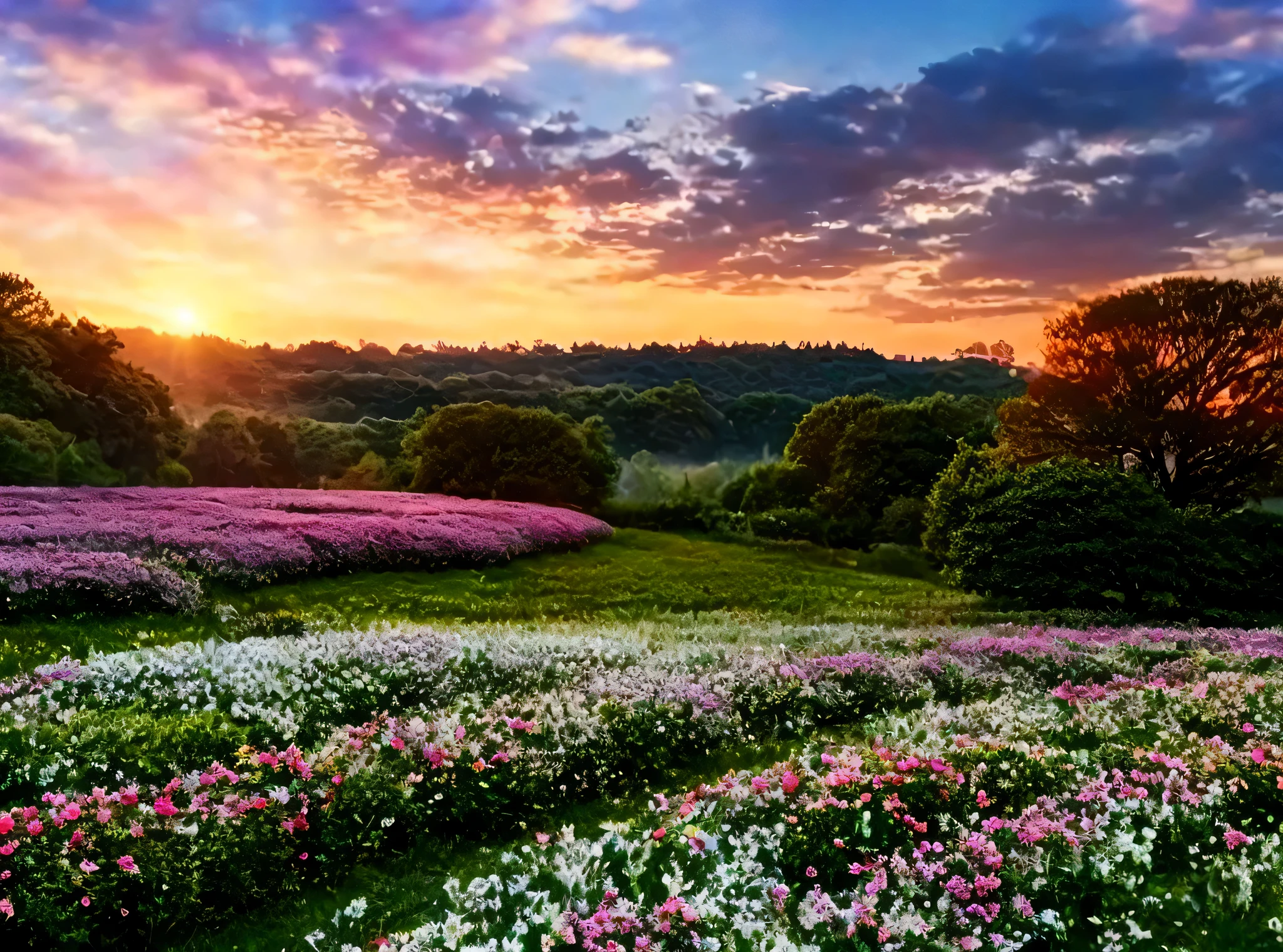 遠くに一本の木がある広い白いflower garden, spring sunrise, the brilliant dawn on the meadow, early morning in spring, flower garden, flower garden, springtime morning, flower garden, field of fantasy flowers, flower garden background, warm and beautiful scenery, beautiful scenery, Beautiful Dreamy Landscape, gentle field setting, flower gardens