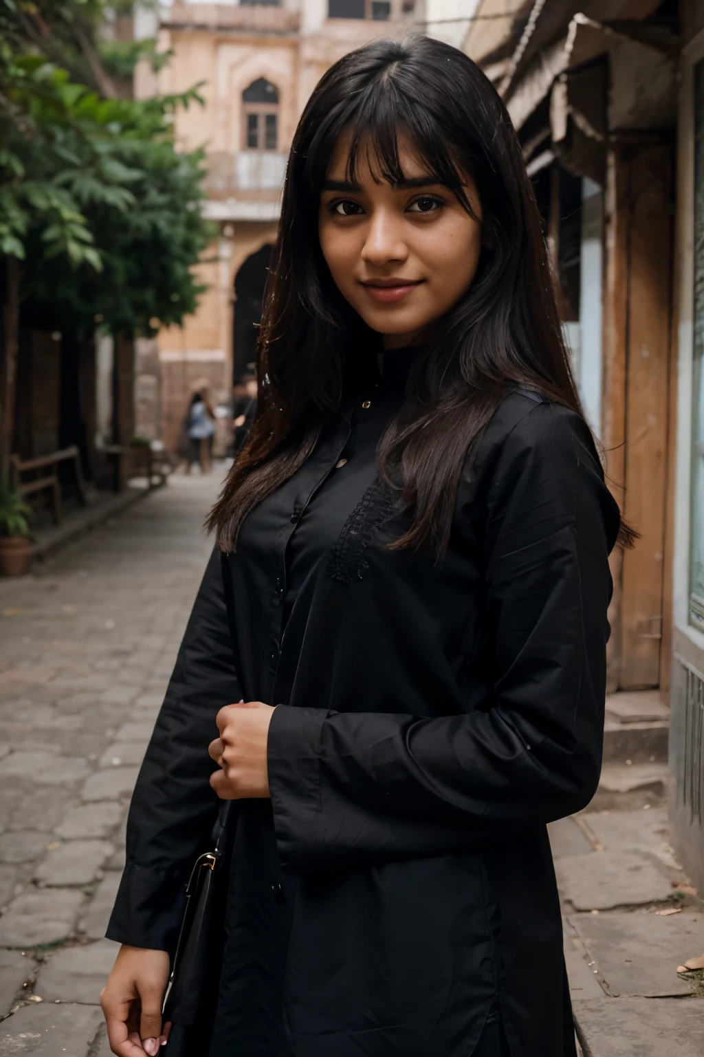 a pretty 22 year old Indian female girl, fair skin with freckles and wrinkles, smiling, age 22, perfect bangs hairstyle, long black silky straight hair, wearing a BLACK kurti , black jeans, standing in front of hawa mehal jaipur, picture taken by using a long lens, such as an 85mm, 100mm or 200mm, to isolate portrait subjects and create a shallow depth of field, ultra detailed, 4k