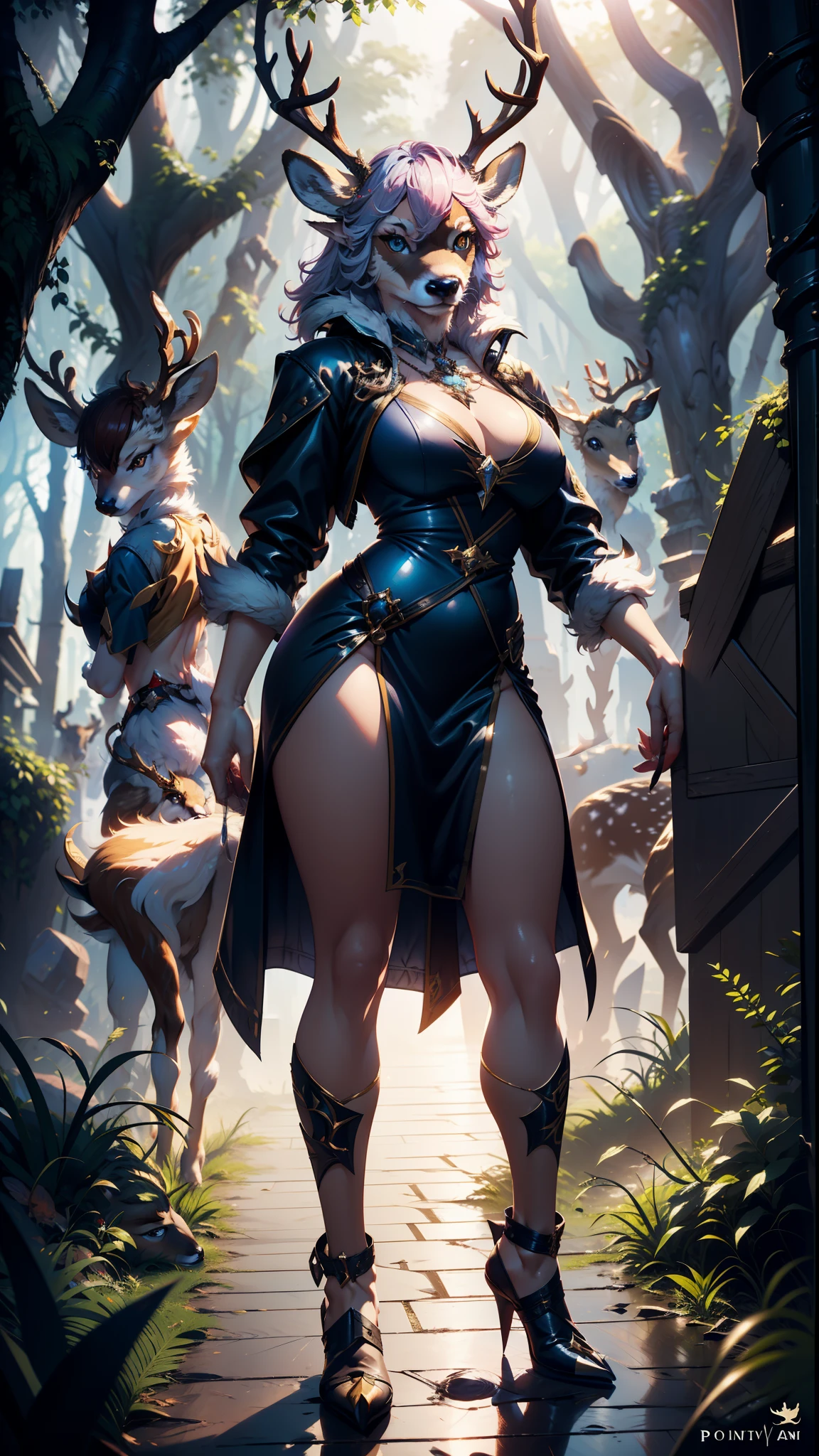 masterpiece, (1girl), extremely detailed female character, full body shot, best quality, dnd, dungeons and dragons, (female, wolf, anthro, horns), (furry:1.5), white magic, (deer horns, pointy ears:1.5), medieval era, fantasy clothes, anime style, (medieval light wizard outfit)