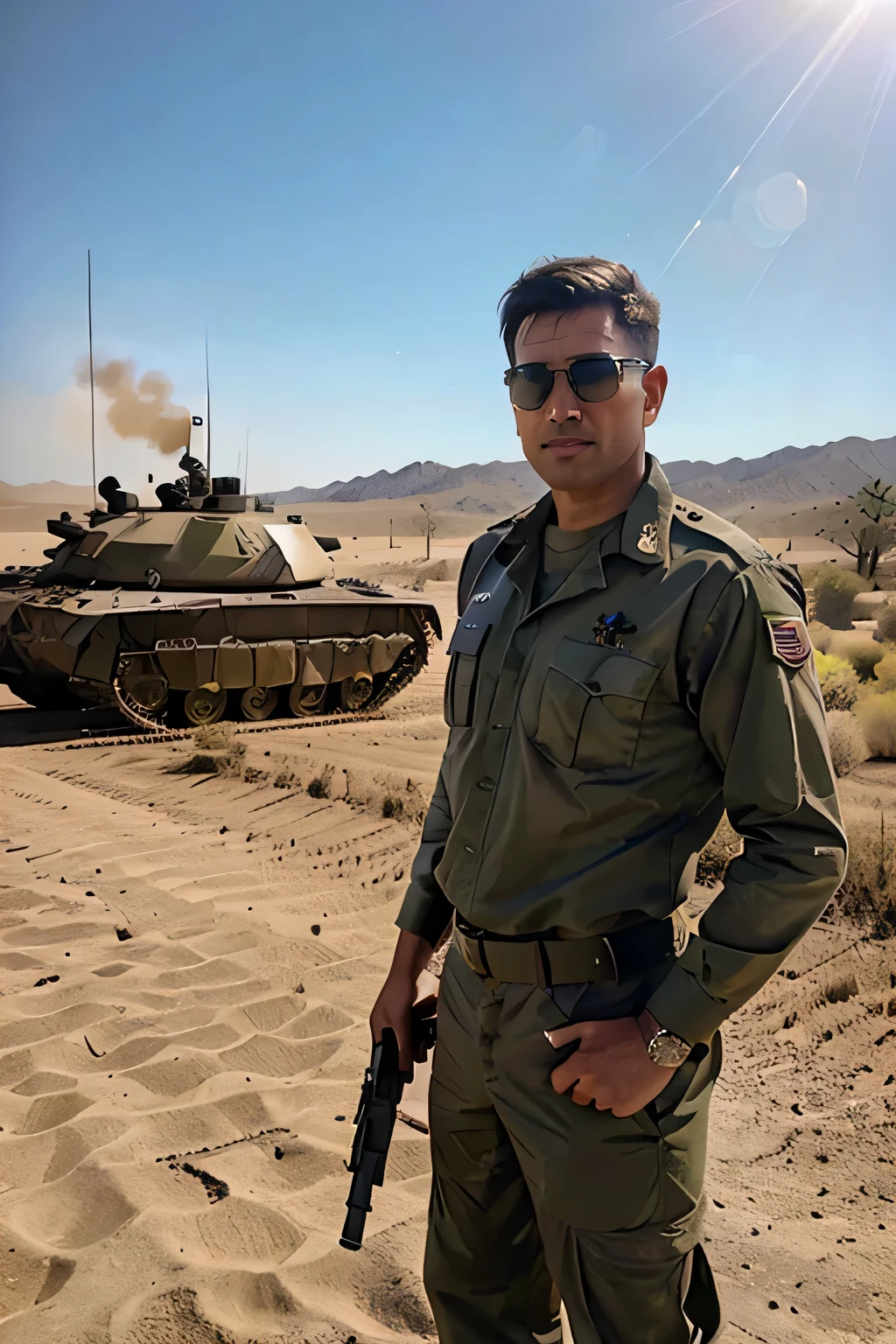 a man wearing army uniform with "ALI" name tag on his shirt standing on a tank wearing sun glasses and holding gun in his hand, looking at the camera, and sun light on his face , and some army officers are standing on the ground holding guns in hand in a desert, smoke effect, realistic with cinematic effect.