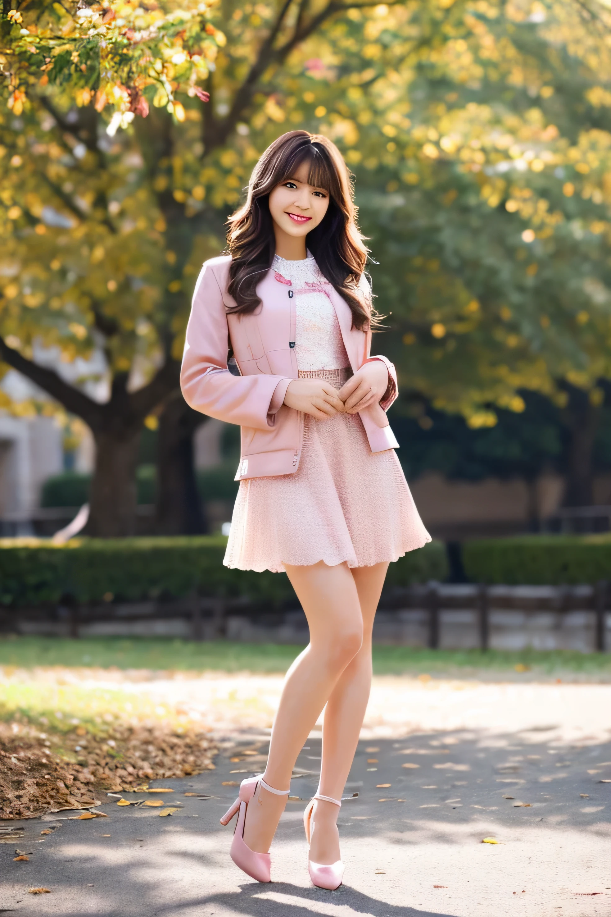 highest quality:1.2, 8K, sharp focus, masterpiece: 1.2, Natural light, Detailed CG, beautiful girl:1.2, reality, detailed facial texture, realistic skin, beautiful makeup, detailed bangs)), (written boundary depth), background bokeh, head tilt, smile, Brown long hair, cowboy shot, (Pink Crop Jacket), Wind, self snap , from the front,clear,korean beauty,whole body,background white,beautiful feet,beautiful feet,Wearing pumps,Snazzy,Are standing,whole body撮影,stand pose
