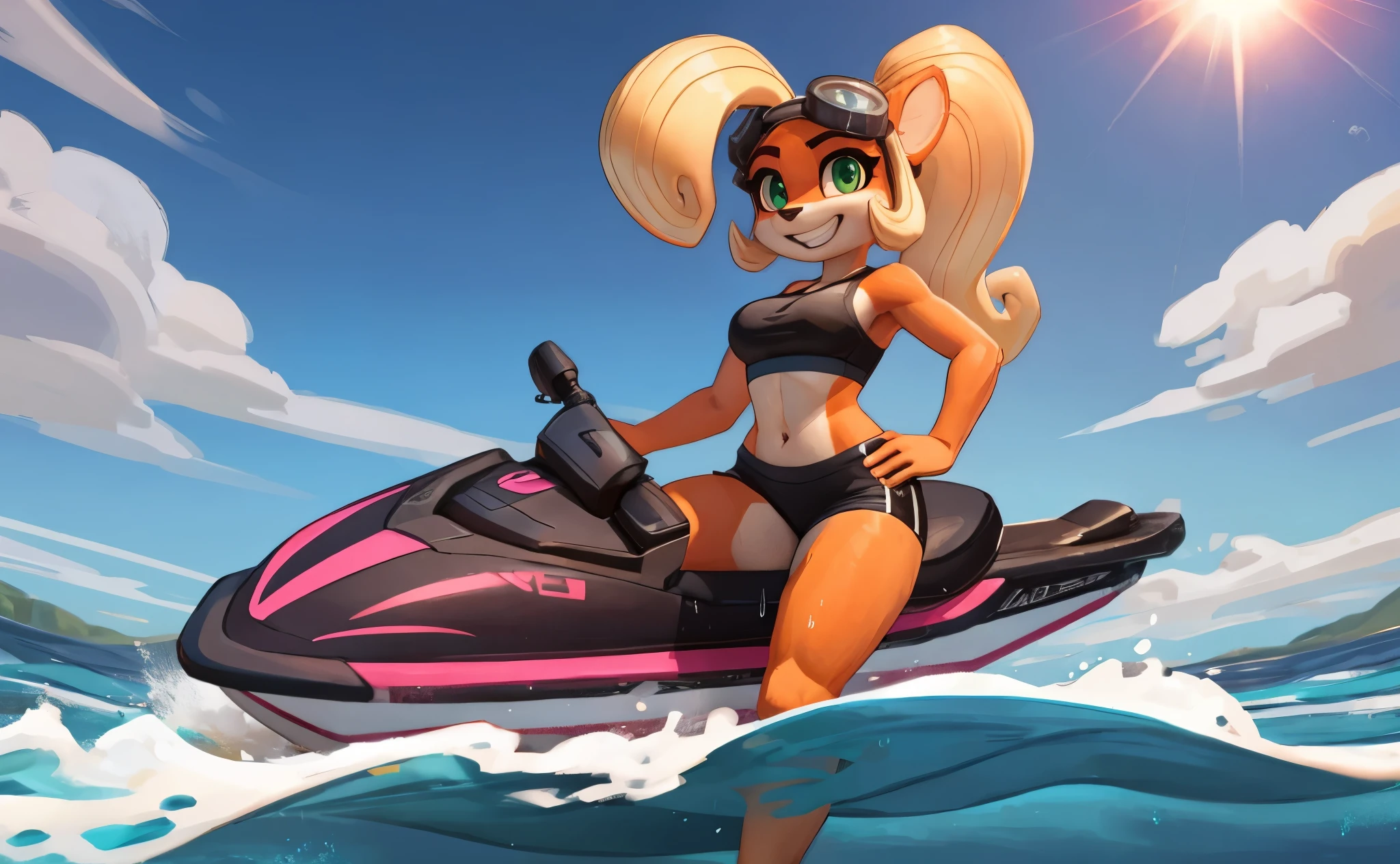 [Coco bandicoot], [Uploaded to e621.net; (Pixelsketcher), (wamudraws)}, ((masterpiece)), ((HD)), ((solo portrait)), ((full body)), ((front view)), ((furry; anthro)), ((detailed fur)), ((detailed shading)), ((beautiful render art)), ((feet visible)), ((intricate details)), ((cinematic)), {anthro; orange fur, black nose, (cute green eyes), (white highlights in eyes), (short eyelashes), (wet hair), (curly blonde hair), curly ponytail, (curvy hips), (beautiful legs), (sweating), (cute grin), (excited expression)}, {(black sports bra with pink lines), (cleavage), (navel), (short black spandex shorts) (pink lines on clothes), (diving goggles on head)}, {(riding on watercraft), (riding jetski), (dynamic pose), (looking at viewer)}, [background; (beautiful ocean), (clouds in sky), (blue sky), (sun rays), (ambient lighting)]