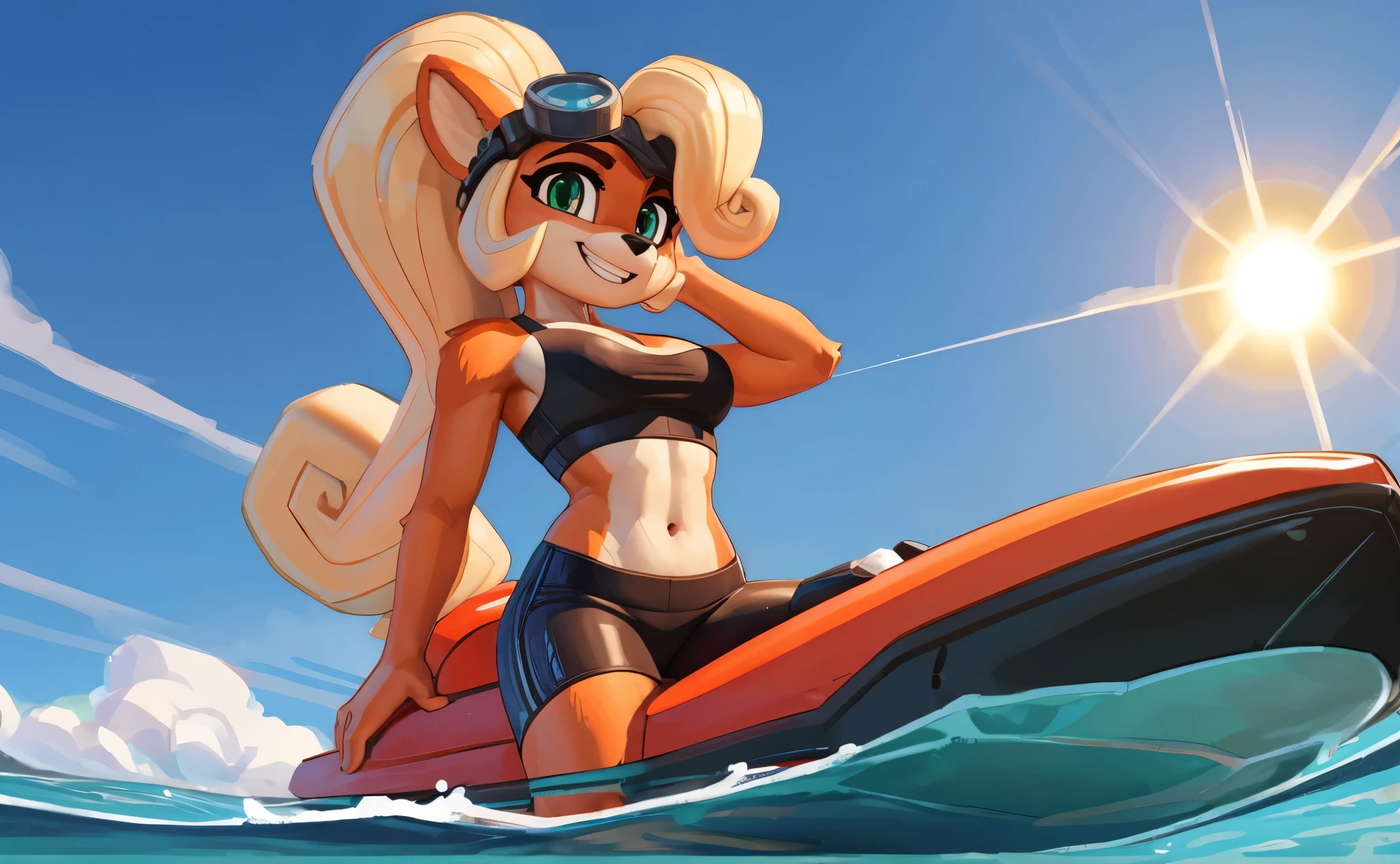 [Coco bandicoot], [Uploaded to e621.net; (Pixelsketcher), (wamudraws)}, ((masterpiece)), ((HD)), ((solo portrait)), ((waist-up)), ((back view)), ((furry; anthro)), ((detailed fur)), ((detailed shading)), ((beautiful render art)), ((feet visible)), ((intricate details)), ((cinematic)), {anthro; orange fur, (wet fur), black nose, (cute green eyes), (white highlights in eyes), (short eyelashes), (wet blonde hair), curly ponytail, (curvy hips), (beautiful legs), (cute grin), (excited expression)}, {(black sports bra pink lines), (cleavage), (navel), (short black spandex shorts pink lines), (diving goggles on head)}, {(riding on watercraft), (riding jetski), (dynamic pose), (looking back at viewer)}, [background; (beautiful ocean), (clouds in sky), (blue sky), (sun rays), (ambient lighting)]