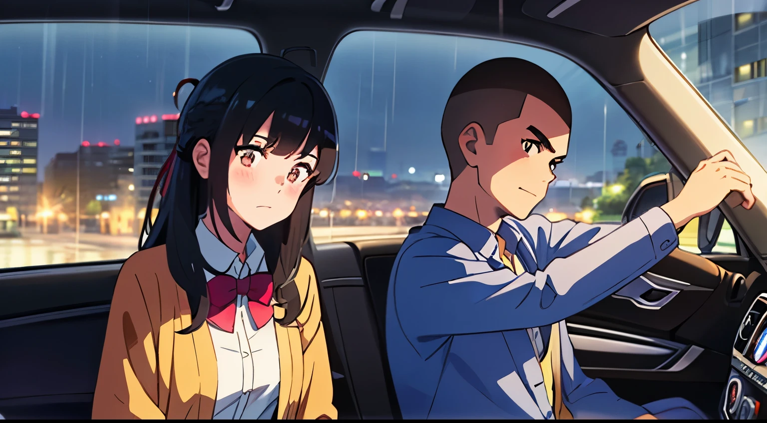 {1boy, buzzcut, blue sweater, driving a car, city, town, residence, holding steering wheel} 1girl, bangs, black hair, twisted half up, red ribbon, lomg hair, blush, brown eyes, pink cardigan, open shirt, yellow shirt, Sitting in the passenger seat while, night, raining