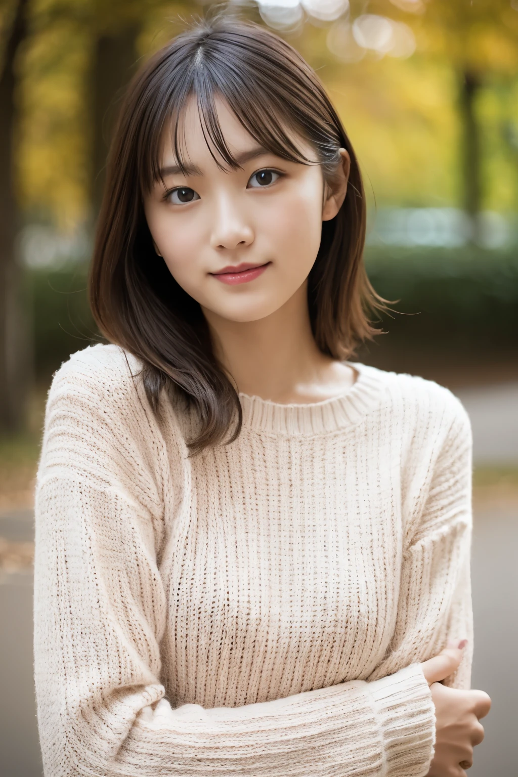 (long sleeve knit、thin knit、Cross your arms in front of your body)、cute japanese woman、23 years old、young girl