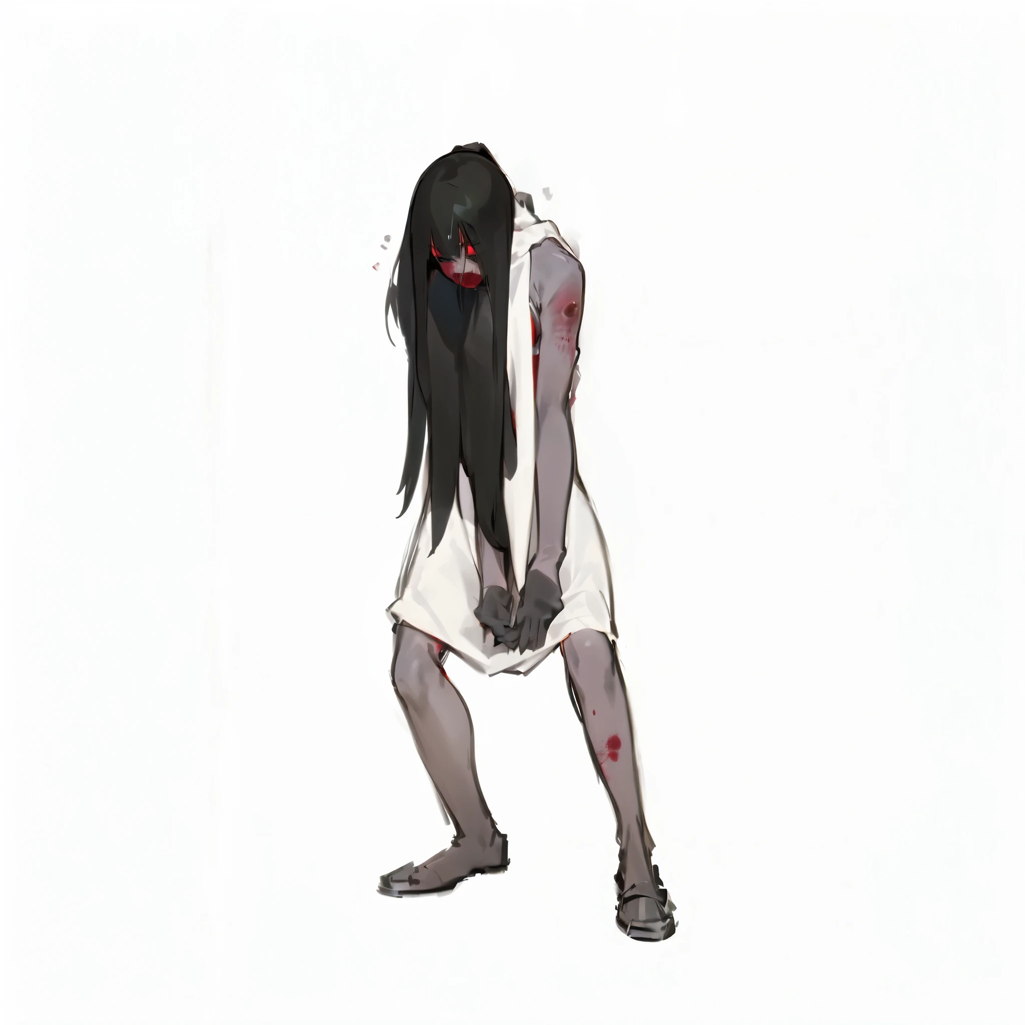 (((female zombie with long black hair))), (((hands tied))), ((head looking down)), ((silicon lifeform)), (((sadako))), blame!, abara, knights of sidonia, white armor, gravity rush inspired, kantai collection style, inspired by Akihiko Yoshida, gravity rush, from girls frontline, girls frontline style